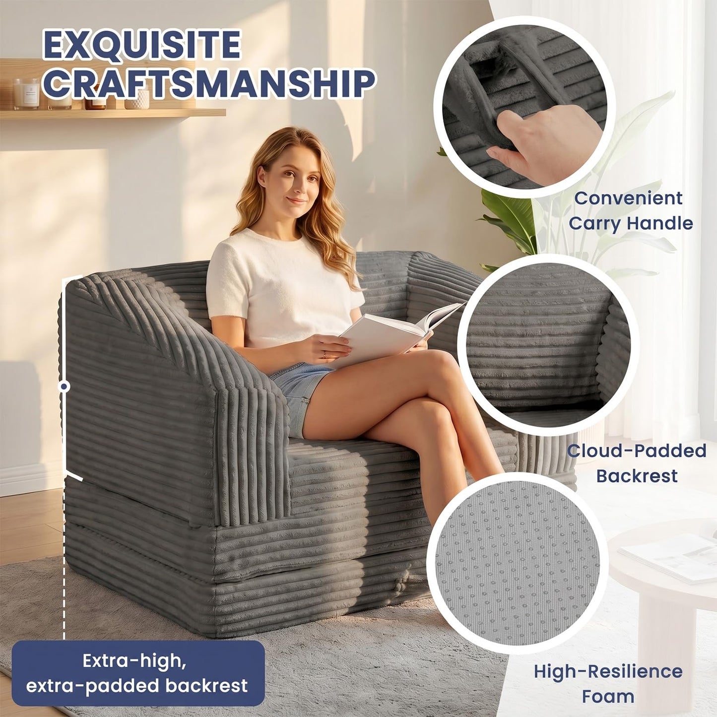AOLVDOW Convertible Folding Sofa Bed, 2-in-1 Single Boneless Sofa with Soft Corduroy & Ultra-Thick Backrest, Foldable Boneless Chair Lounger Sleeper Sofa for Small Apartment, Living Room, Home Office