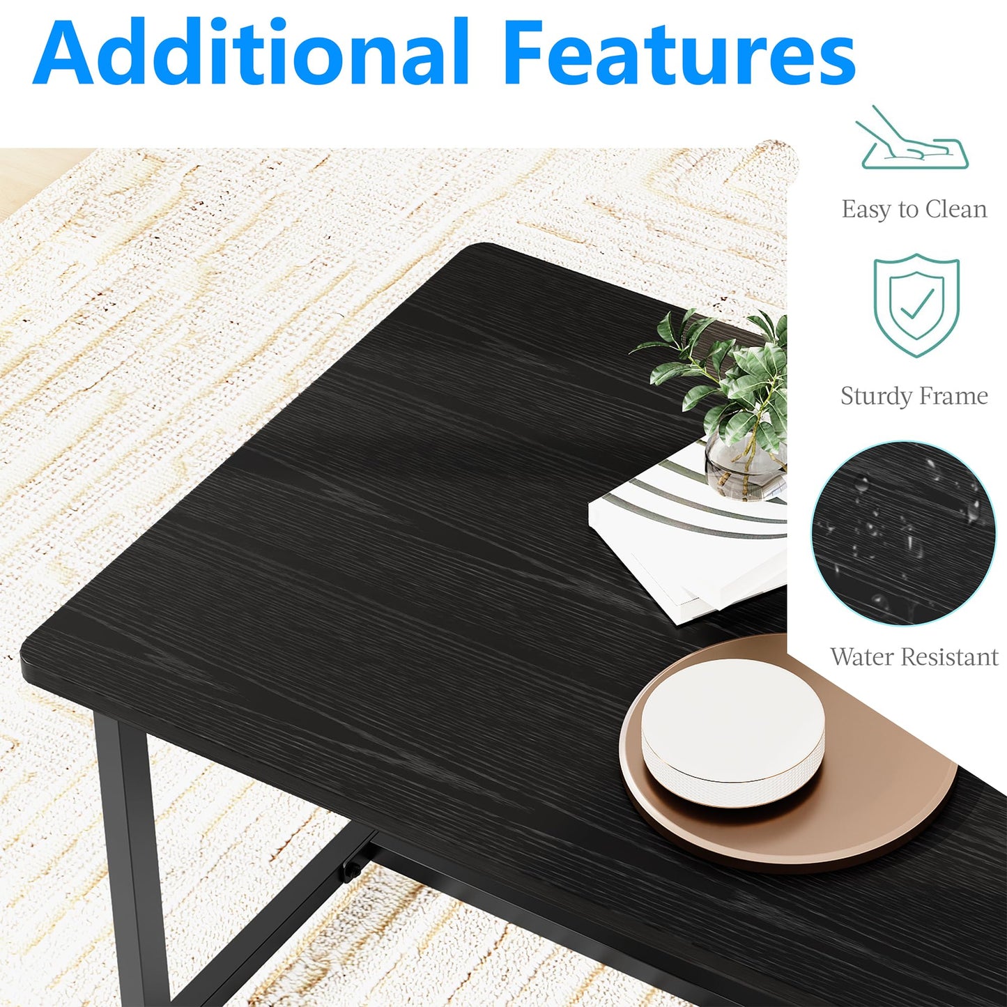 Coffee Table for Living Room, Modern Rectangular Center Coffee Tables for Small Space, Industrial Furniture, Sofa End Tables/Tea Table/Center Table, Couch Table with Metal Black Frame Black Top