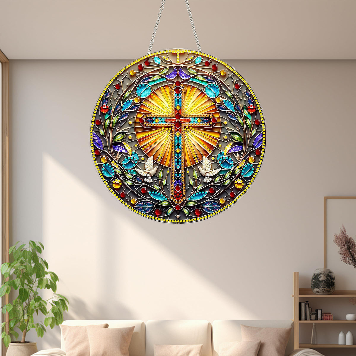 DIY Acrylic Diamond Art Painting Wreath Kits Special Shaped Rhinestone 5D Diamond Art Window Pendants Home Garden Wall Hanging Kits Hanging Ornament (Cross-1)