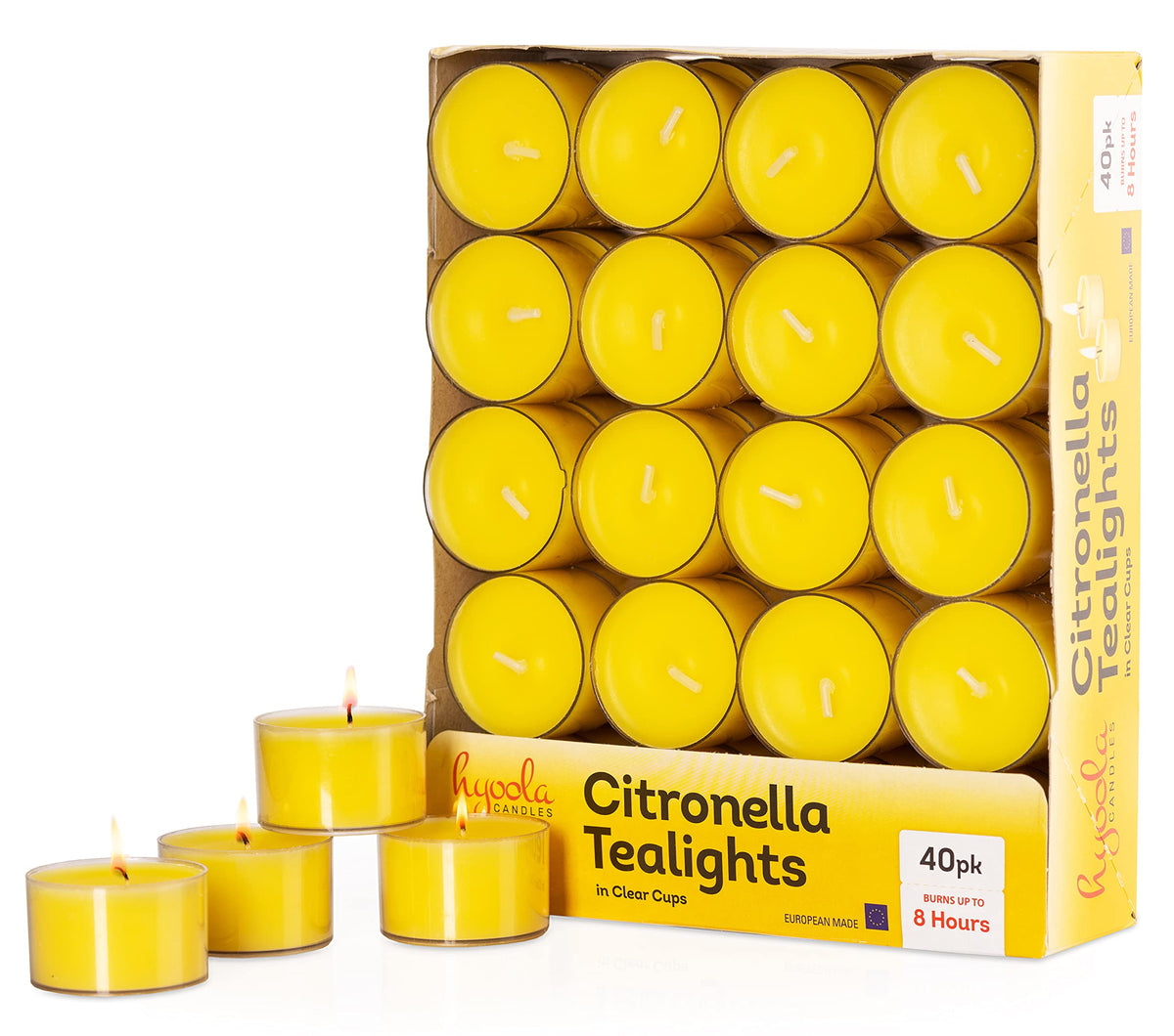 Hyoola Tealight Citronella Candles Outdoor, 8 Hour Burn Time, Indoor and Outdoor Mosquito, Insect and Bug Repellent Citronella Candle, Natural Fresh Scent, Decorative in Clear Cup (Pack of 40)