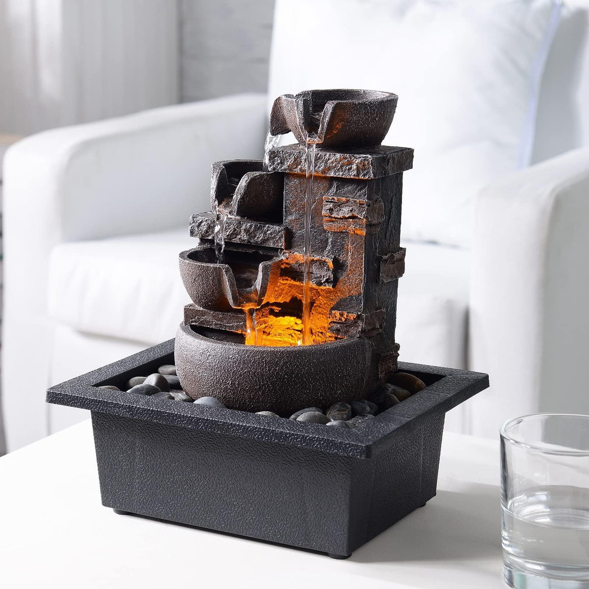 Kalona Décor Desktop Fountain - 10" 4-Tier Design with Imitation Stone, Indoor Waterfall Tabletop River Rocks & Resin Material for Serene Meditation & Relaxation - Ideal for Home & Office Decor