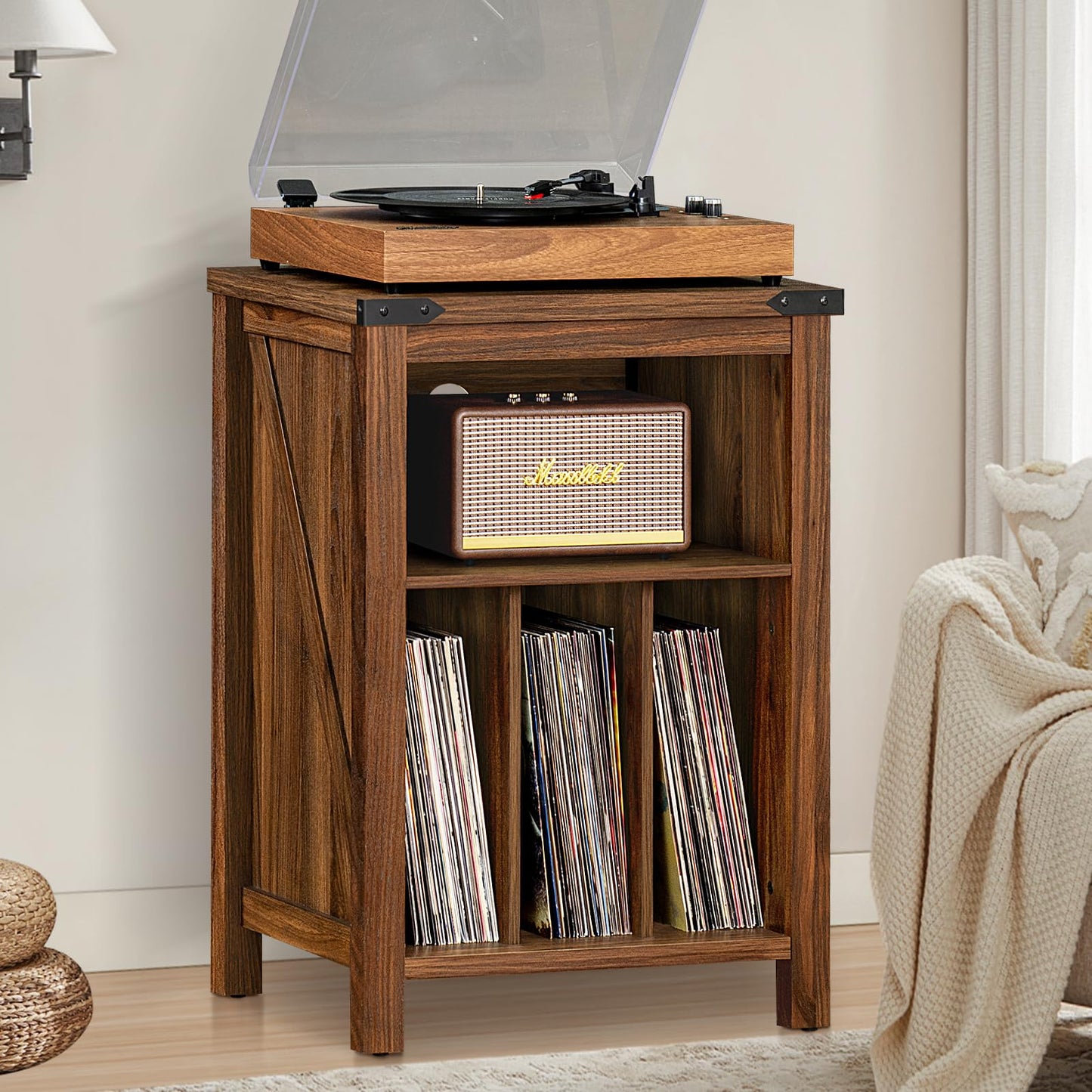 Joaxswe Record Player Stand with Vinyl Record Storage,Rustic Brown Record Player Table Holds up to 160 Albums,Large Wood Turntable Stand Cabinet Dispaly Shelf for Living Room,Bedroom,Office