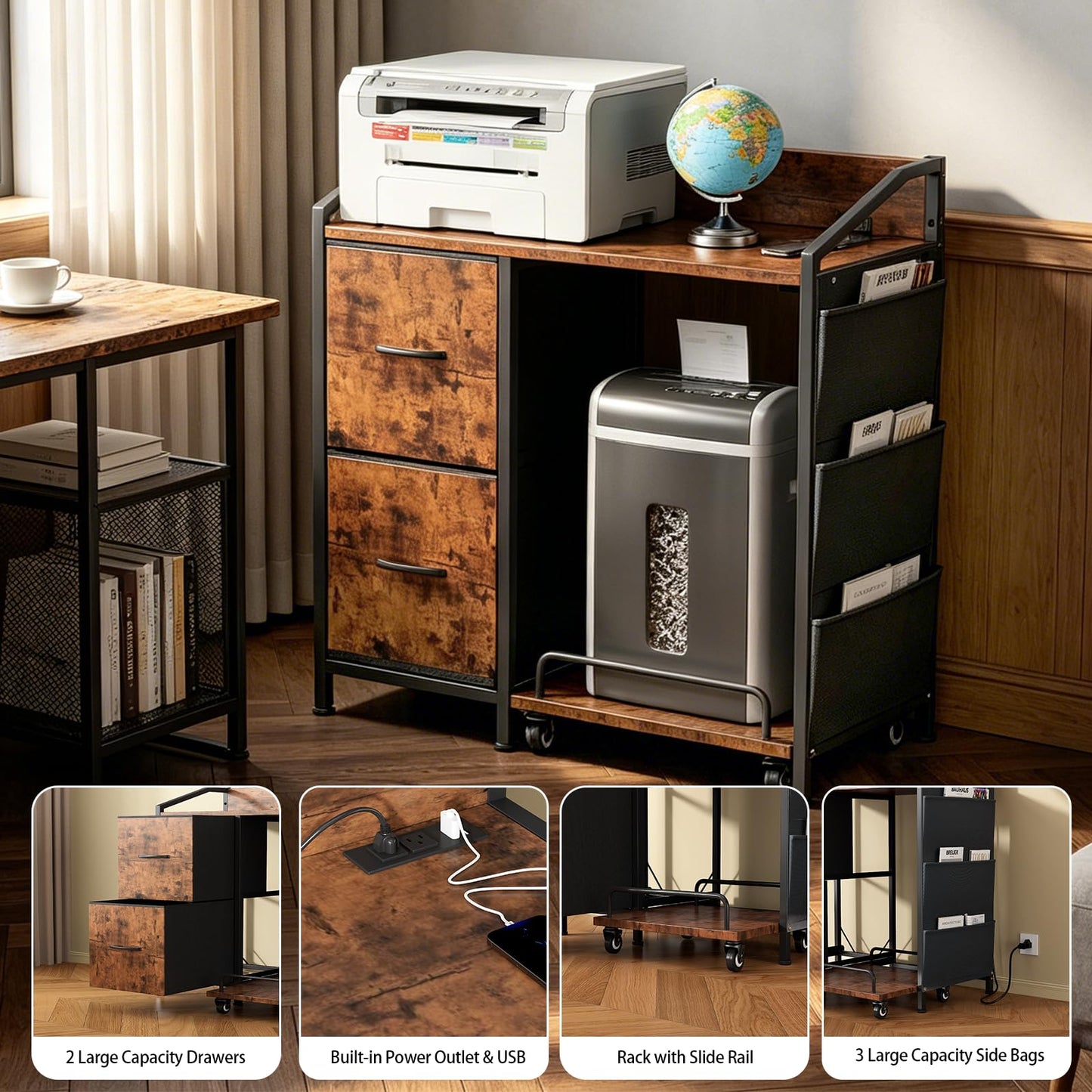 WODRAWER Printer Stand with Fabric Drawers, Lateral Office Filing Cabinets with Power outlets & USB Charging Port, File Cabinet with Large Printer Stands for Home Office, Shredder Stand (Rustic Brown)