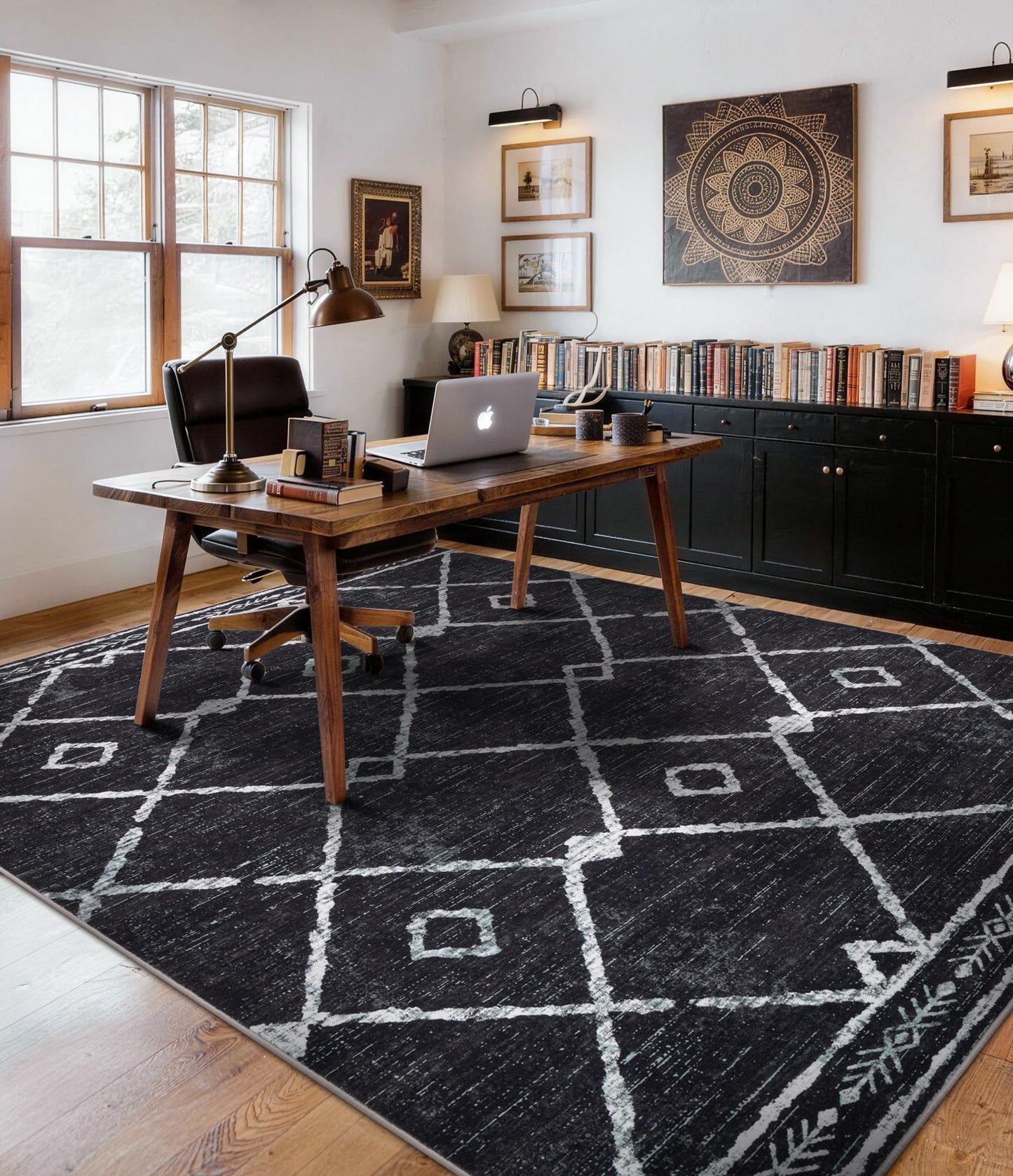 YIHOUSE Moroccan Rugs for Living Room, 6x9 Black and White Aztec Area Rug, Western Geometric Soft Low-Pile Washable Rugs for Bedroom, Dining Room