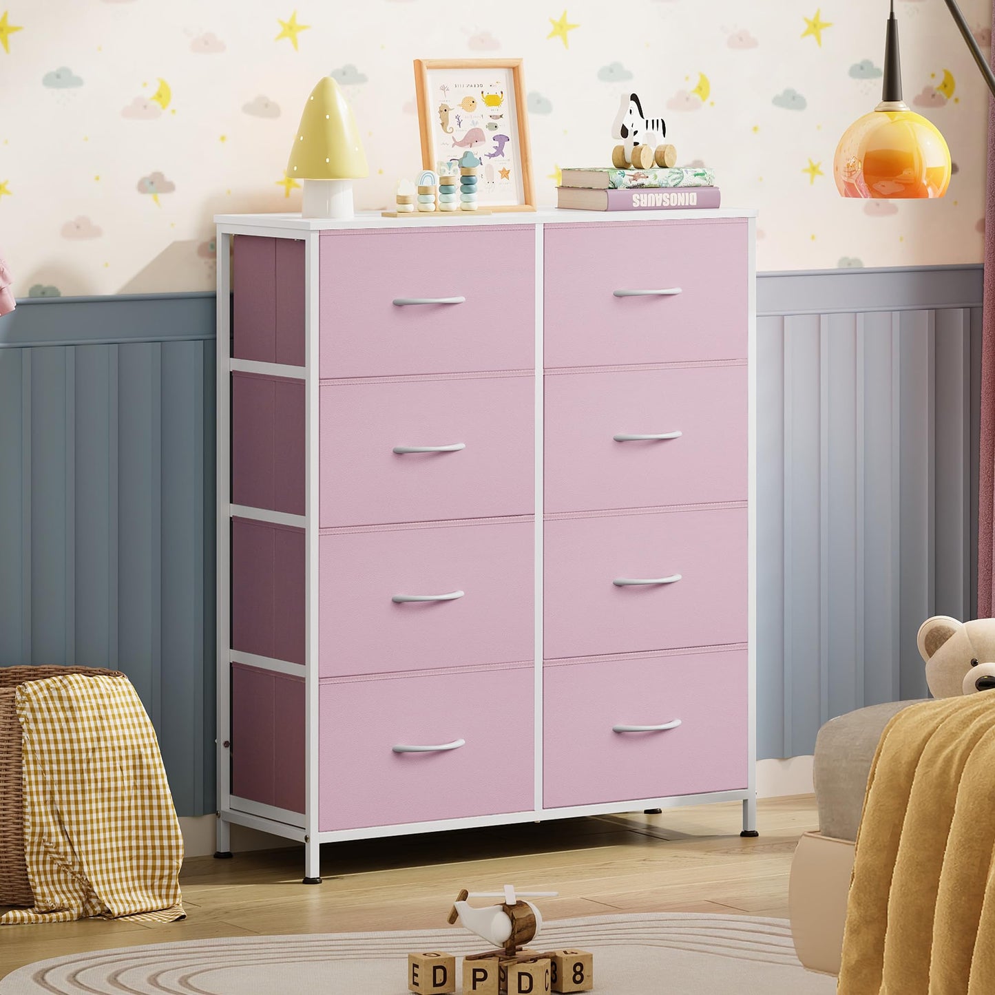 WLIVE Fabric Dresser for Bedroom, Tall Dresser with 8 Drawers, Storage Tower with Fabric Bins, Double Dresser, Chest of Drawers for Closet, Playroom, Dormitory, A-Pink
