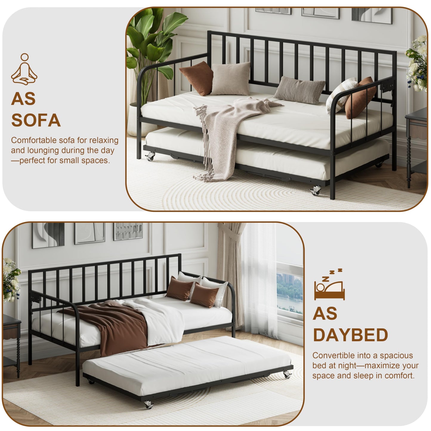 JOJOZOO Daybed with Trundle, Heavy Metal Twin Size Bed with USB Charging Station & LED Lights, Space Saving for Living Room, Bedroom, Guest Room