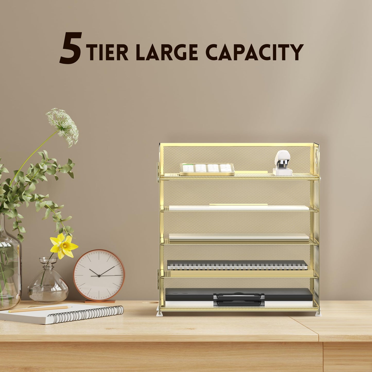 Supeasy 5 Trays Paper Organizer Letter Tray with Handle-Mesh Desk File Organizer, Paper Sorter Desk Organizer for Office, Home or School (Golden)