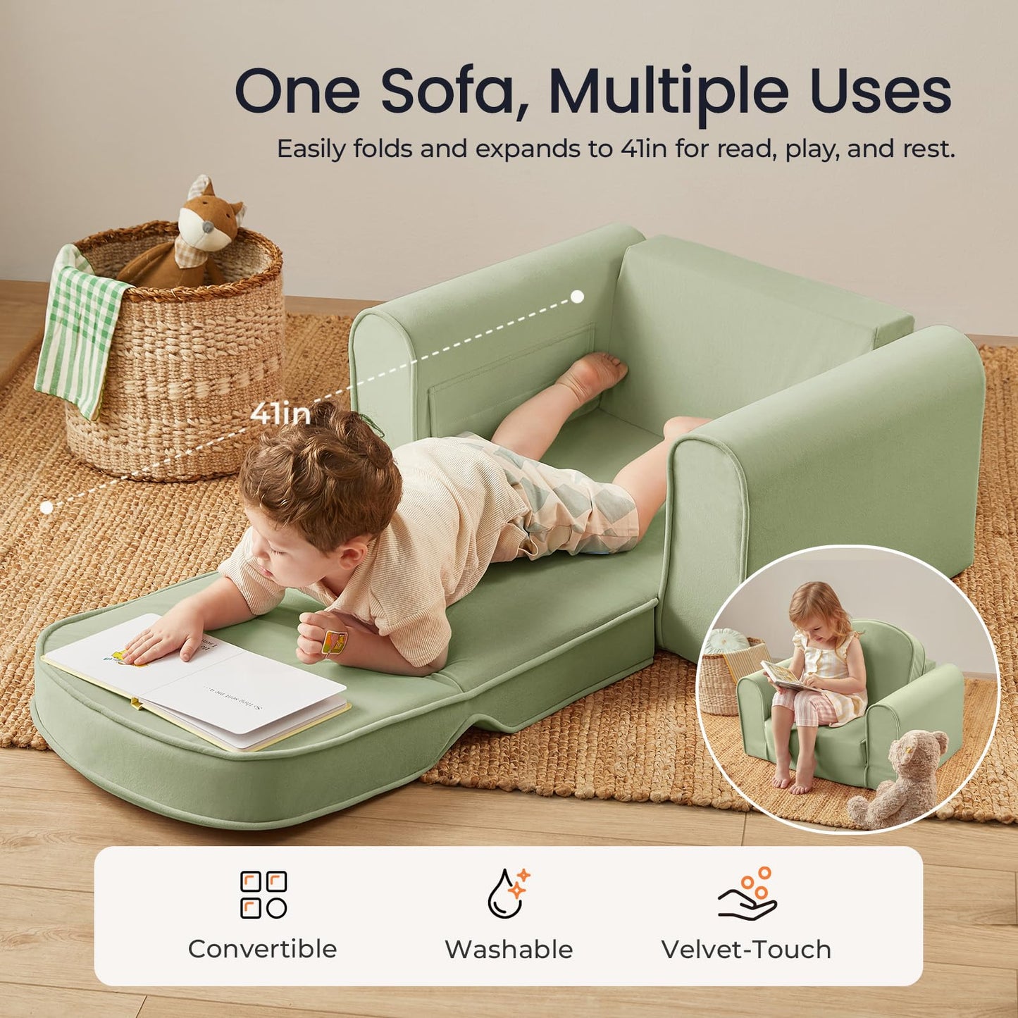 Tiny Land 2-in-1 Foldable Kids Couch with Pockets – Soft Thick Toddler Sofa, Convertible Kids Chair for Playroom, Bedroom or Living Room, Gift for Boys & Girls(Green)