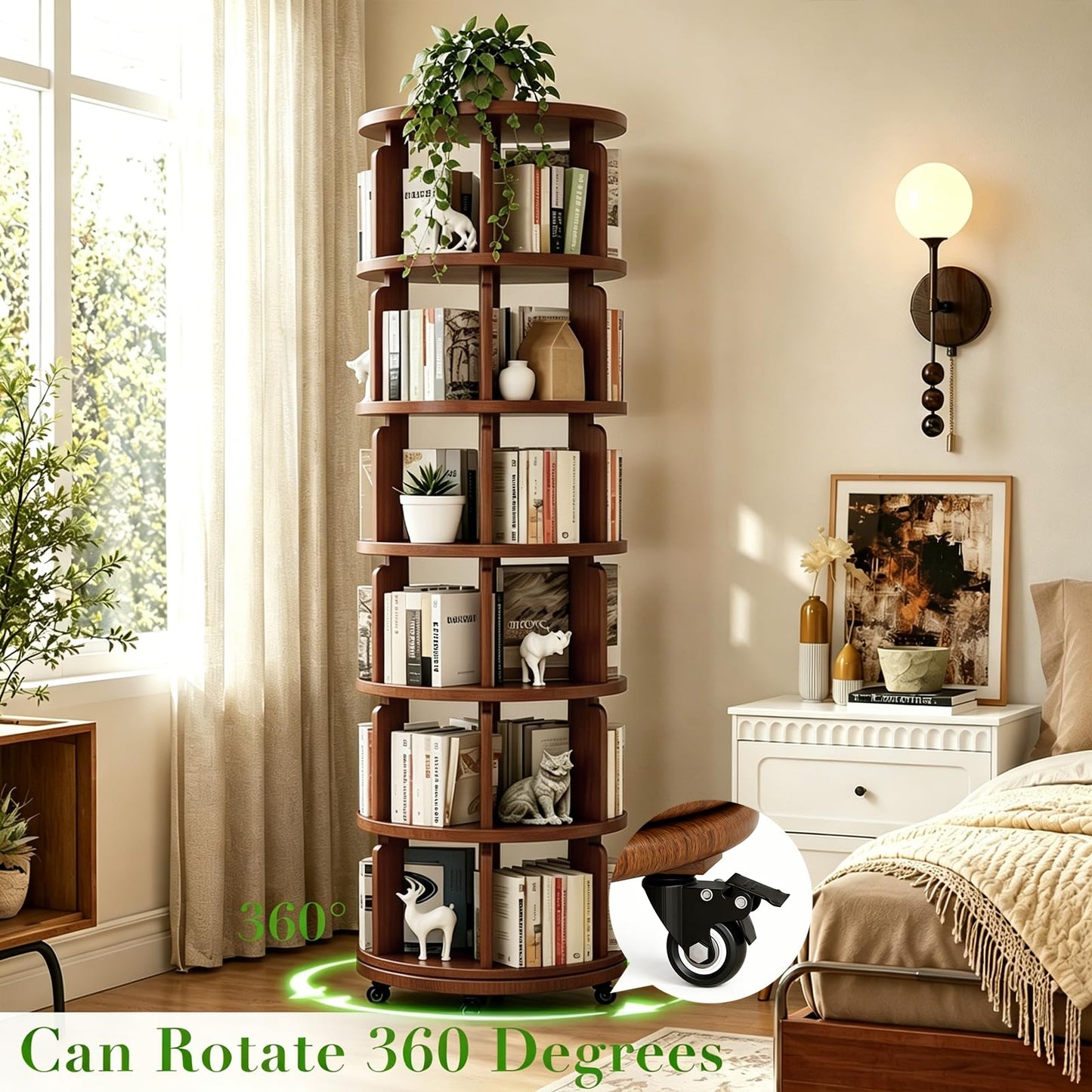 Azlafu 6 Tier 360° Rotating Solid Wood Bookshelf with Wheels, Lazy Susan Circular Spinning Revolving Corner Bookcase, Freestanding Storage Shelf for Bedroom Small Space, Walnut