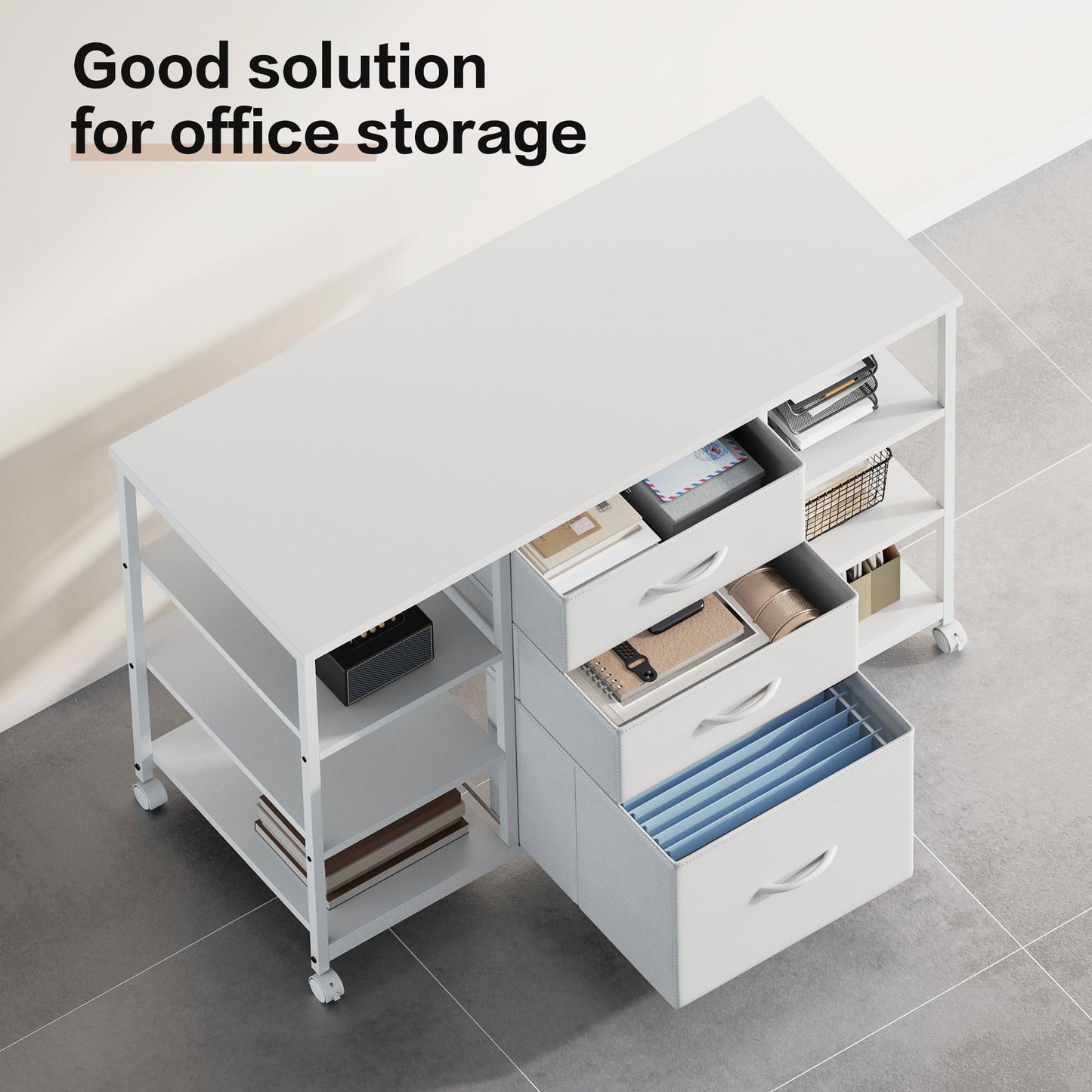YeTom Mobile File Cabinet,Lateral Filing Cabinet with 3 Fabric Drawers,Rolling Printer Stand with 4 Open Storage Shelf for Home Office, White