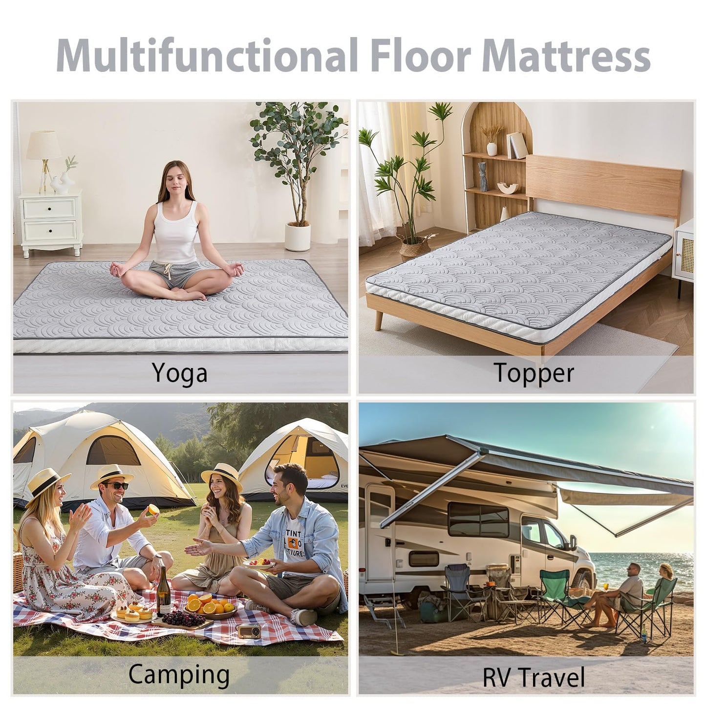 Zelladorra Japanese Floor Mattress, Quilted Futon Mattress with Anti-Slip Bottom, Foldable Floor Bed with Storage Bag and Straps, (Light Grey, Full)