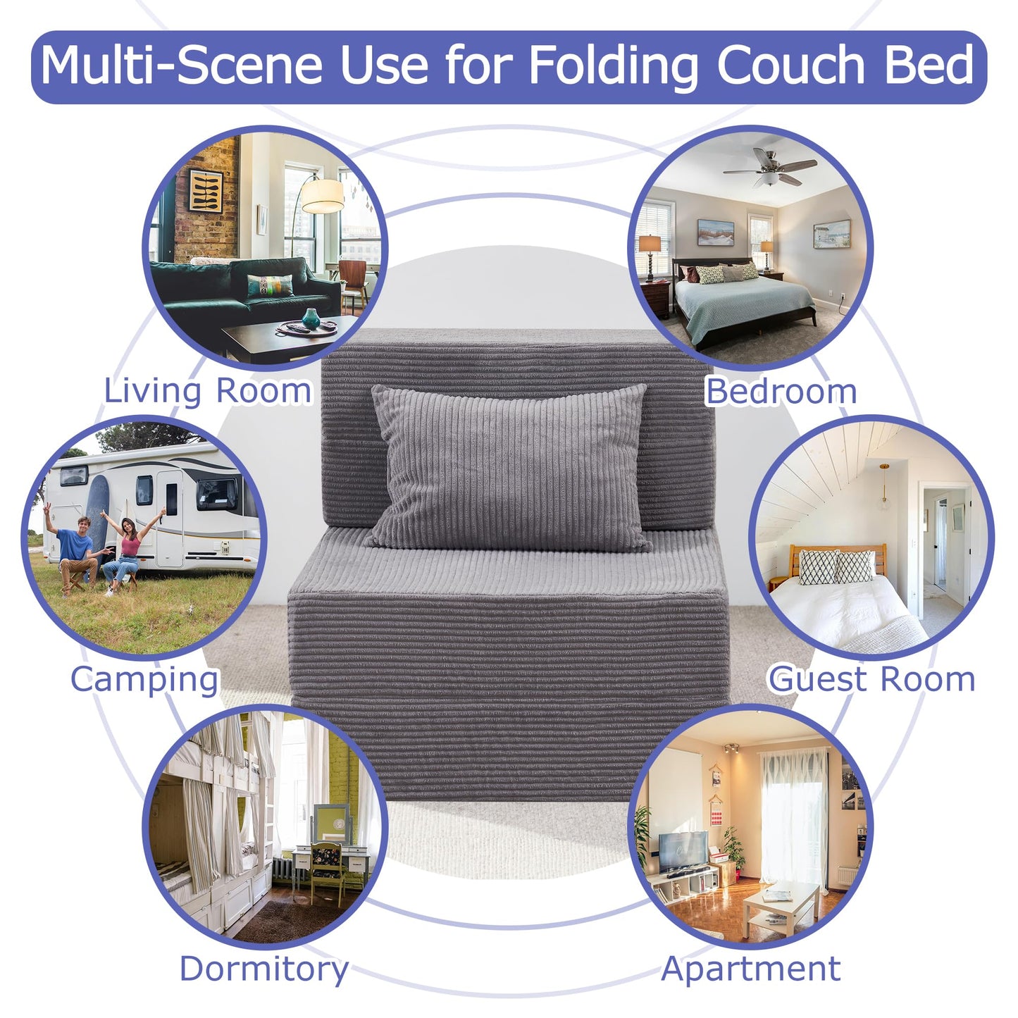 HILERO Folding Sofa Bed, 4 in 1 Convertible Sleeper Chair with Pillow, Single Memory Foam Fold Out Chair Bed, Modern Floor Futon Sofa Couch Mattress for Living Room/Guest/Apartment, Light Gray