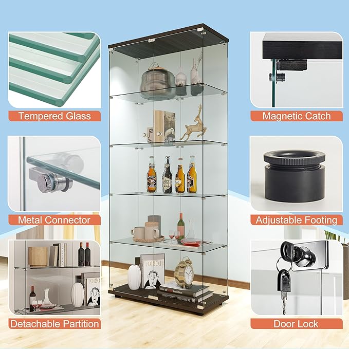 FANYUSHOW 5-Shelf Tempered Glass Display Cabinet