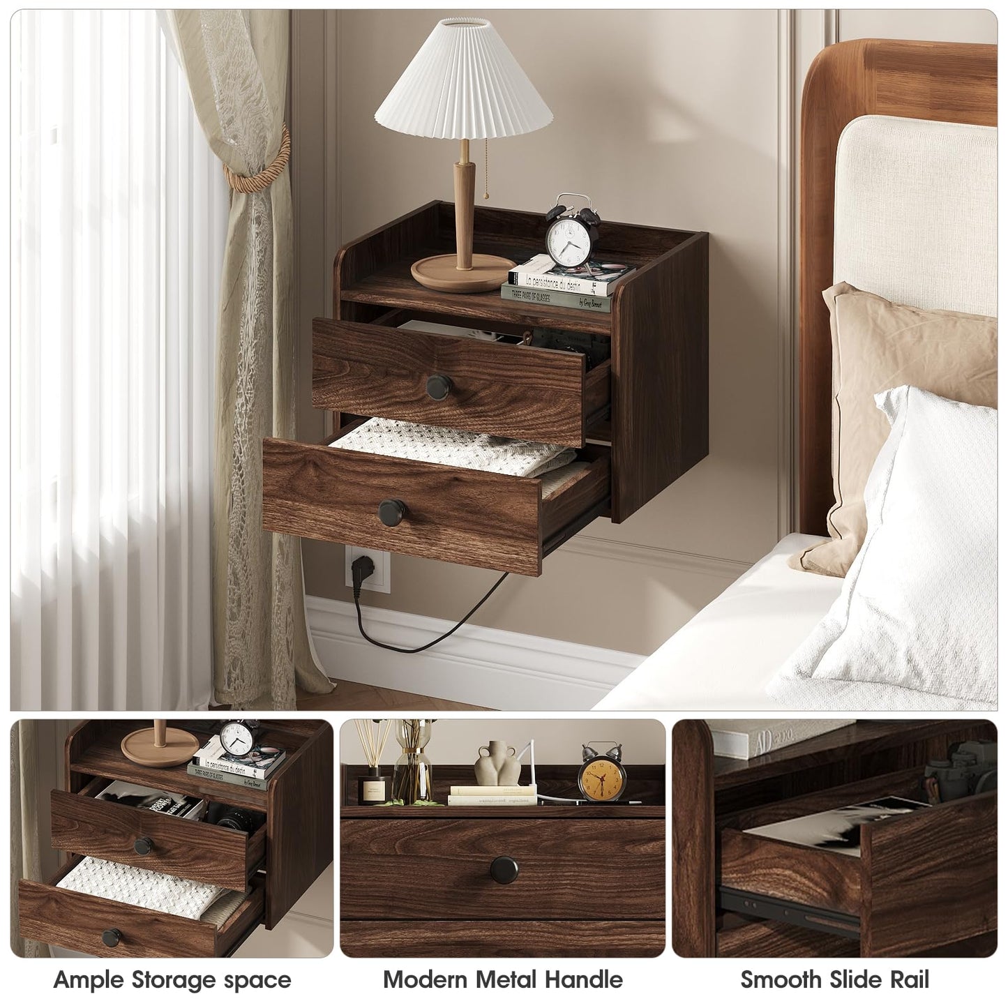 Floating Nightstand Set of 2 with 2 Storage Drawers and Charging Station Wood Wall Mounted Bedside End Table Modern Night Stands Set 2 for Bedroom,Small Space,Brown Walnut