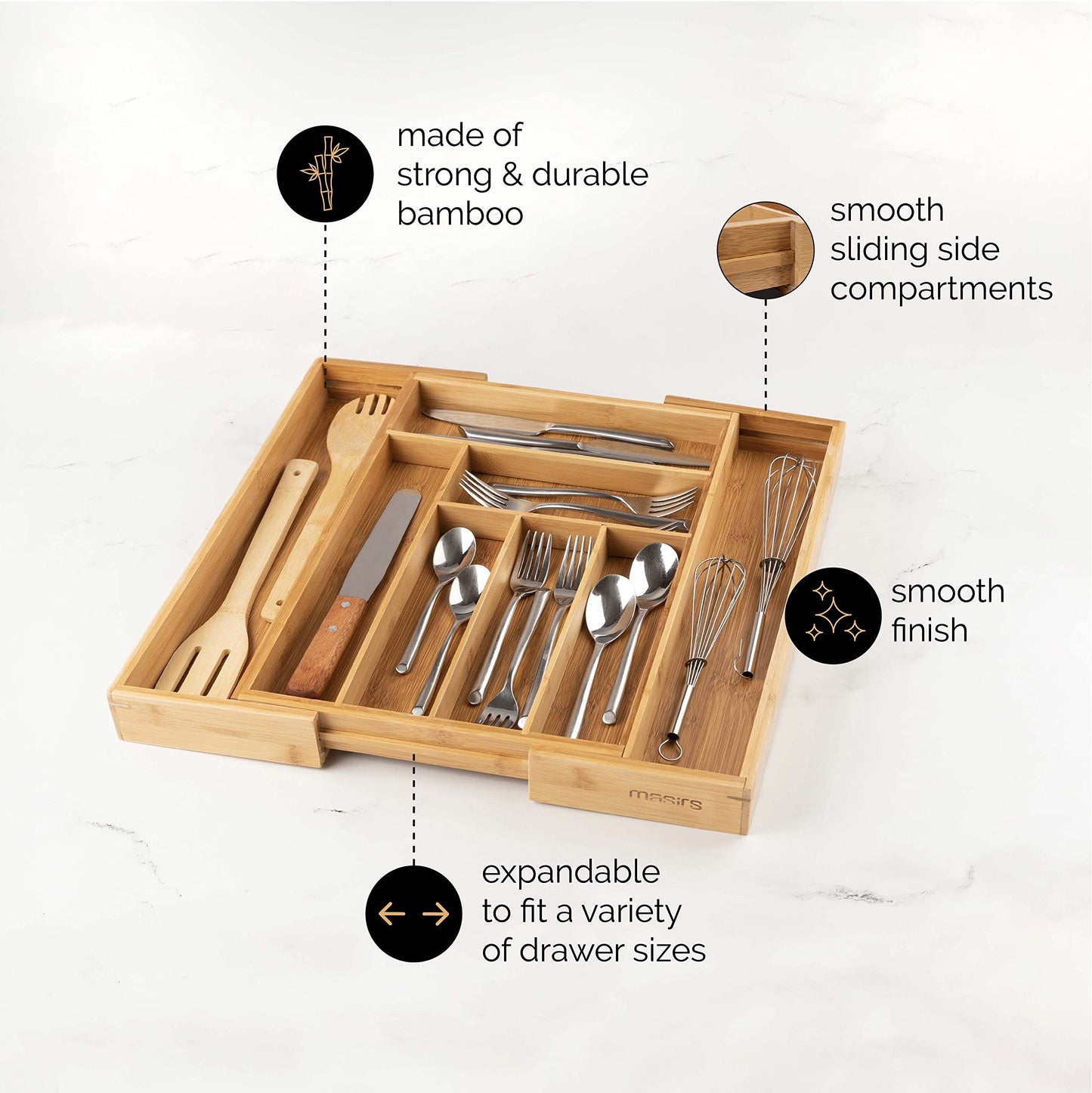 Masirs Expandable Bamboo Kitchen Drawer Organizer - Adjusts to Fit Drawer Size, Ideal for Silverware, Utensils, and Office Supplies, Durable Bamboo Construction