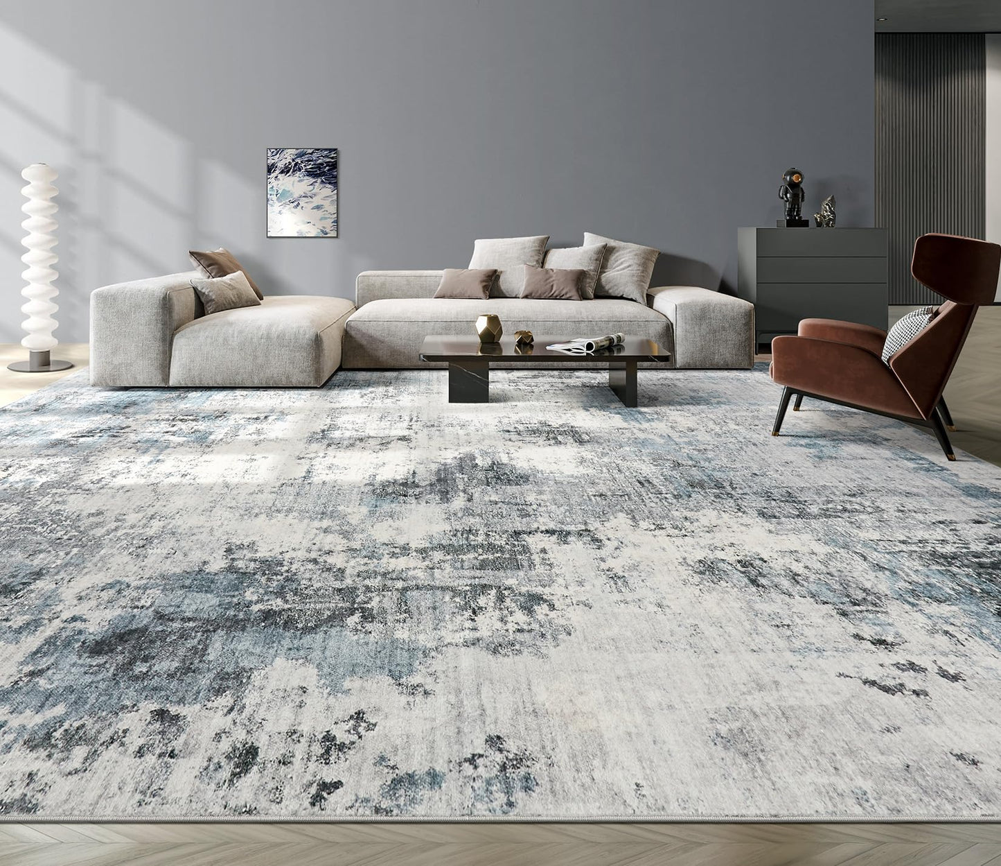 TARANCH Abstract 12x18 Area Rug: Machine Washable Non Slip Ultra Thin Low-Pile Carpet, Soft Stain Resistant for Living Room Bedroom Office, Kid Pet Friendly, Robot Vacuum Compatible - Grey Blue