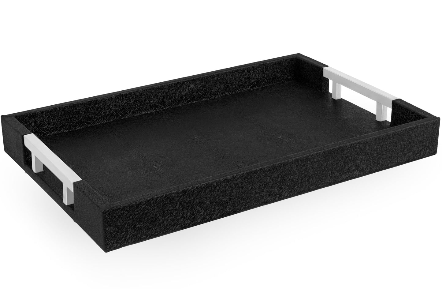 Modern Elegant 17.5"x12" Black Rectangle Shagreen Faux Leather Decorative Tray Ottoman Coffee Table Perfume Living Room Kitchen Serving Tray with Silver Metal Handles for All Occasion's