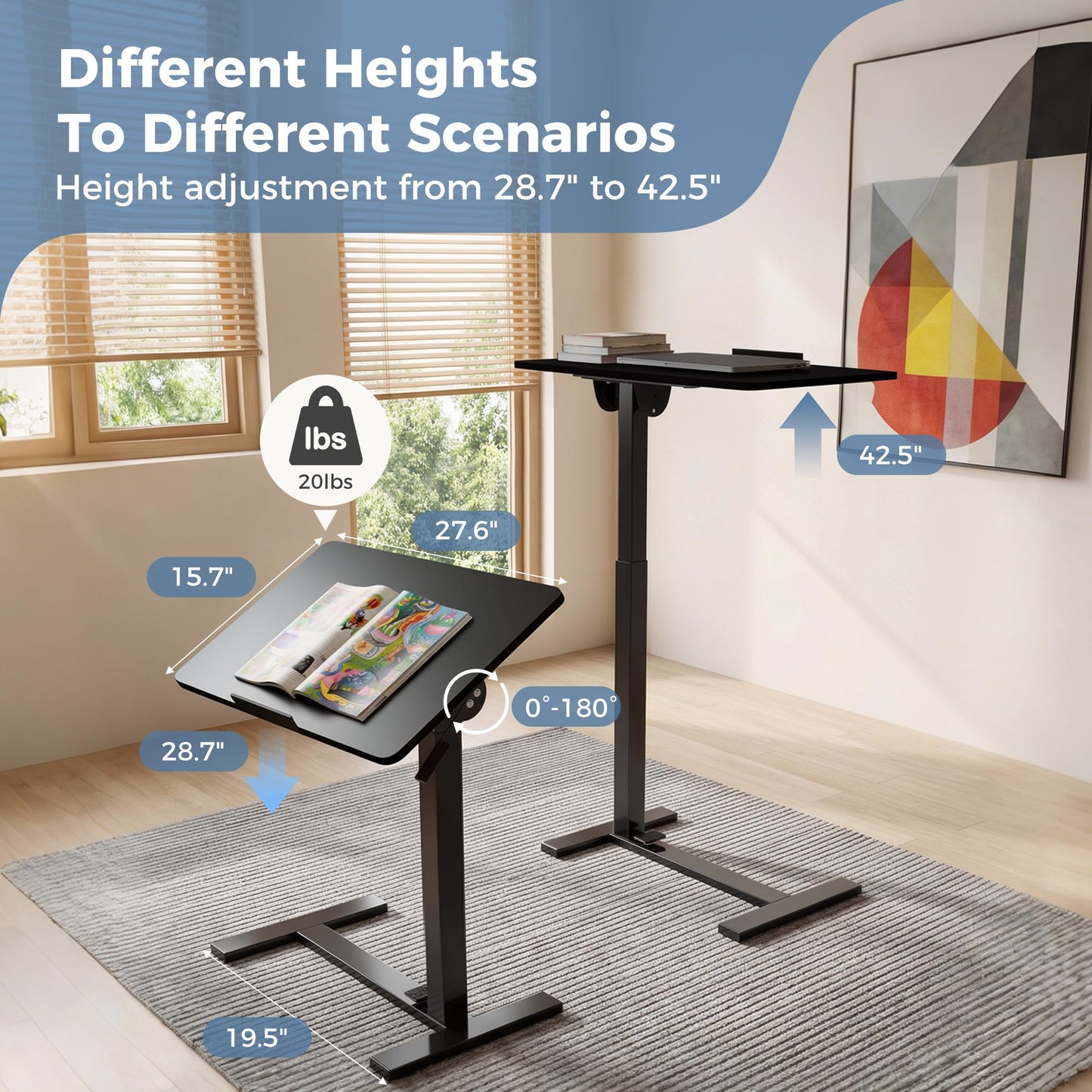 DUMOS Mobile Standing Desk, Height-Adjustable Computer Cart with Pneumatic Lift, Portable Computer Workstation Cart for Bed, Couch, Office, Sofa, Black