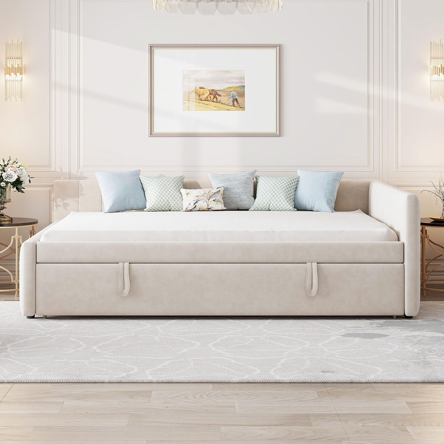 GDFStudio Full Size Upholstered L-Shaped Daybed with Pop Up Trundle, Vertical Stripe Design, Padded Backrest, No Box Spring Needed, Beige