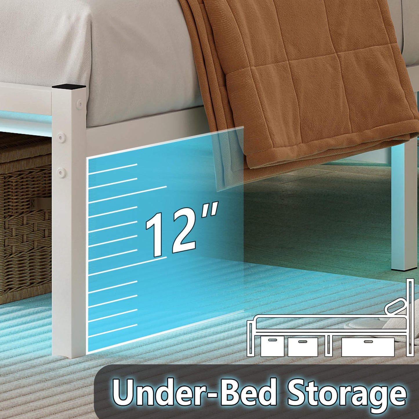 CLIBFENG Queen Size Bed Frame with Headboard,Heavy Duty Steel Slats Support-LED Bed Frame with USB Charging Station,Mattress Foundation-Under Bed Storage,No Box Spring Needed,Noise Free,White