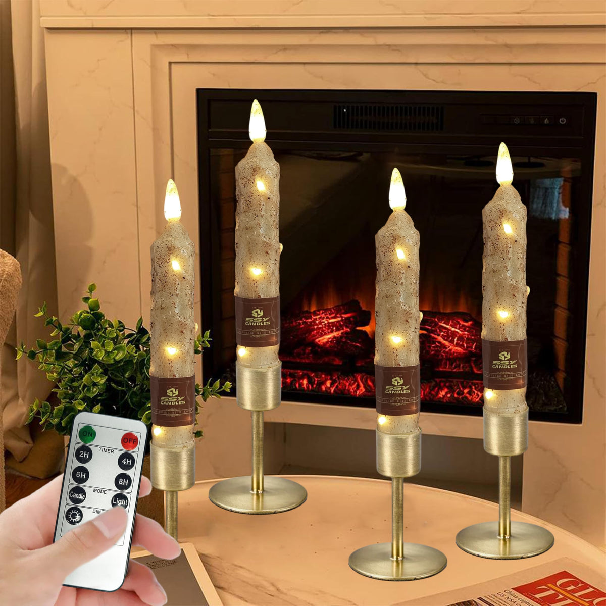 6.5 inch Natural Wood Color Flameless Taper Candles LED Flickering with 10-Key Remote, Battery Operated Led Warm 3D Wick Light Window Candles Real Wax Pack of 4, Christmas Home Wedding Decor