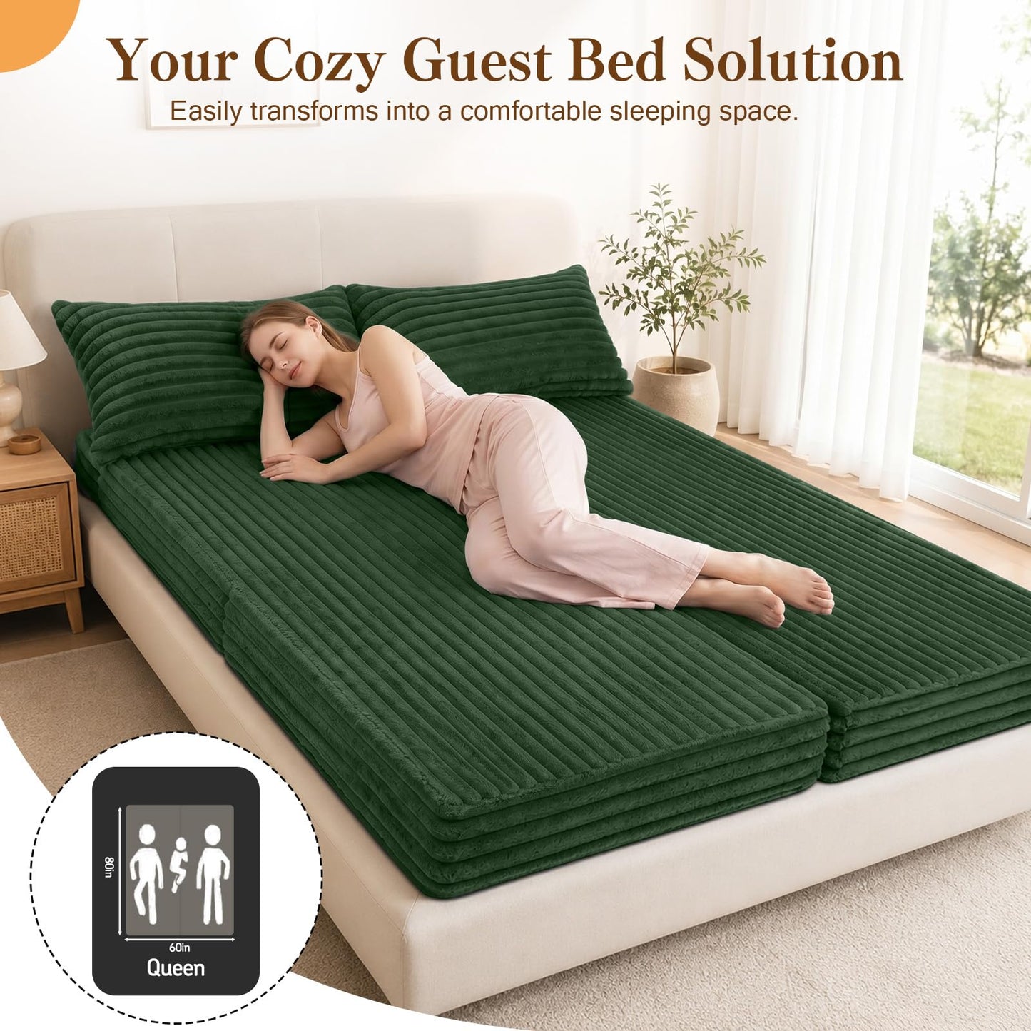 MeMoreCool Convertible Sofa Bed, Folding Floor Couch Bed Queen, Pull Out Sleeper Couch with Pillows, Fold Out Futon Sofa for Bedroom Living Room Small Space, Corduroy Green
