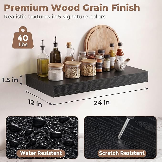 12 inch Deep Floating Shelves for Wall, 24 inch Wide Engineered Wood Wall