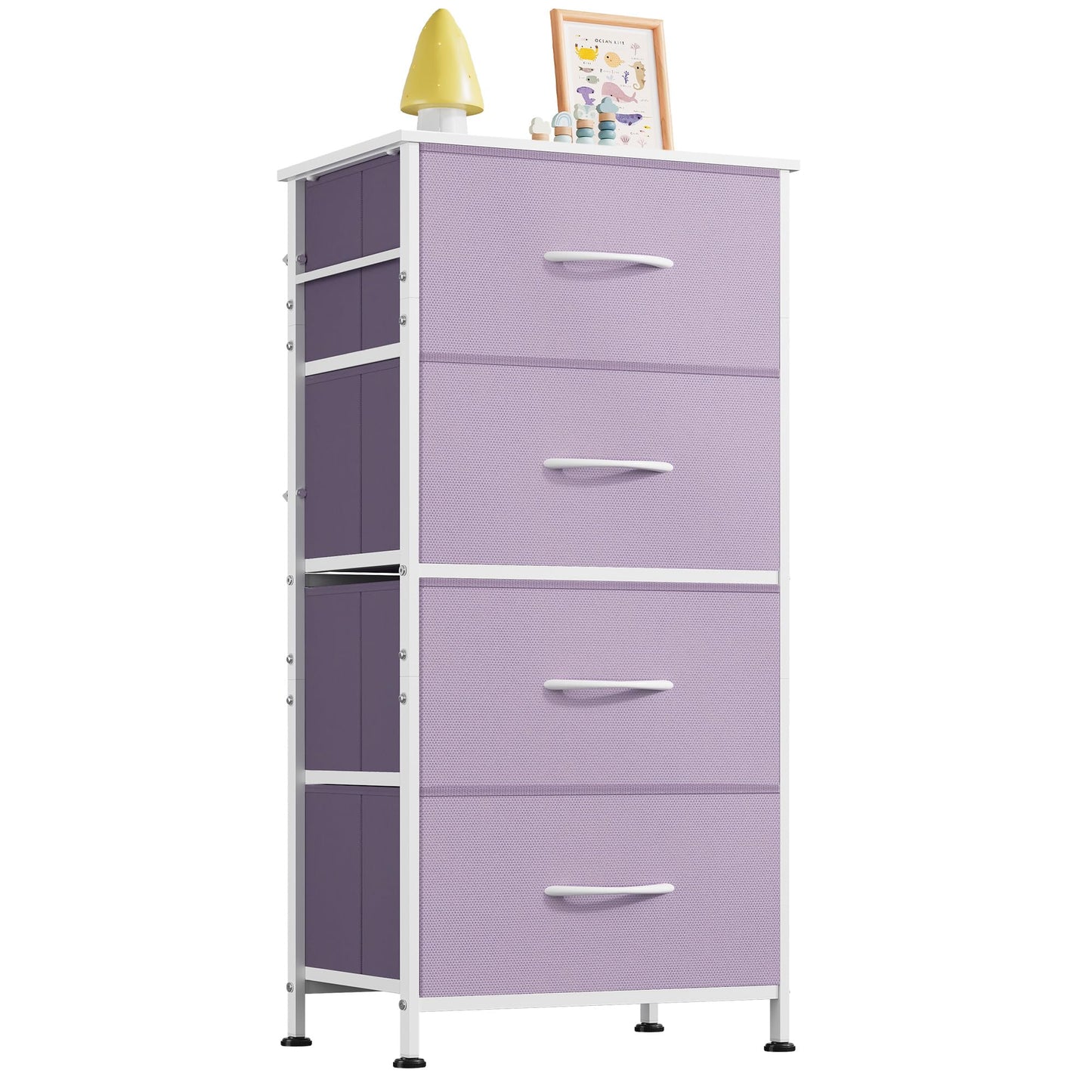 WLIVE Dresser with 4 Drawers, Storage Tower, Organizer Unit, Fabric Dresser for Bedroom, Hallway, Entryway, Closets, Sturdy Steel Frame, Wood Top, Easy Pull Handle, Purple