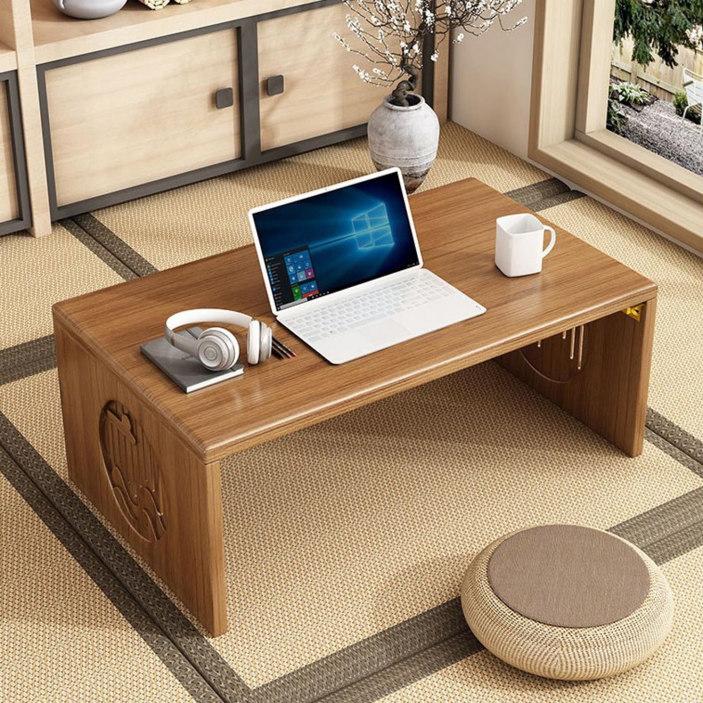 Japanese Floor Table Foldable Laptop Desk for Bed Breakfast Tray Zen Style Table for Tea & Coffee Antique Meditation Altar SpaceSaving Design