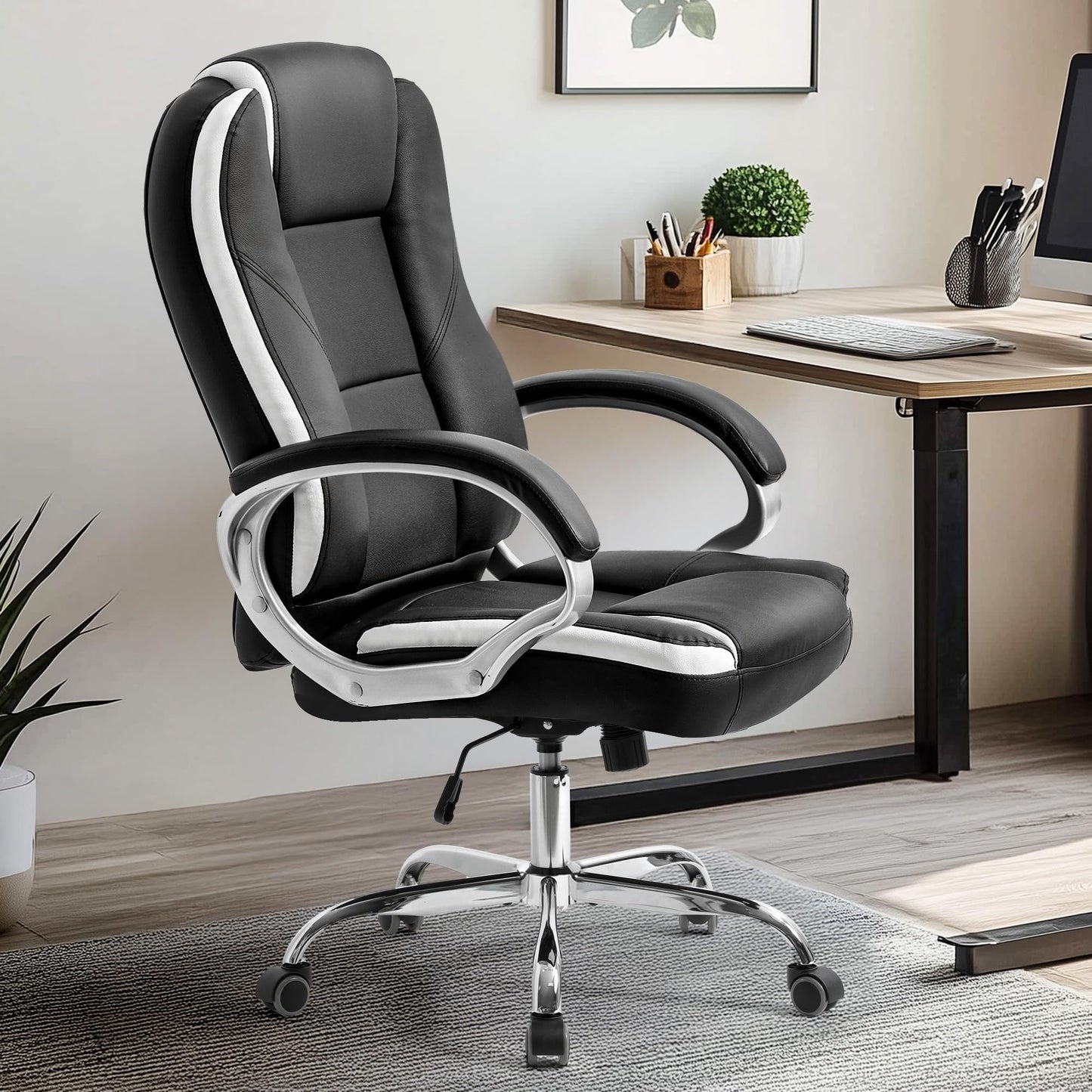 NEO CHAIR Office Desk Ergonomic Gaming Computer Chair High Back Adjustable PU Leather with Lumbar Support, Swivel Rolling Wheels, Executive Managerial Task Chair (Black)