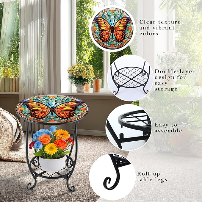 Cinnvoice Outdoor Side Table Round Small Mosaic Patio Accent Indoor End Plant