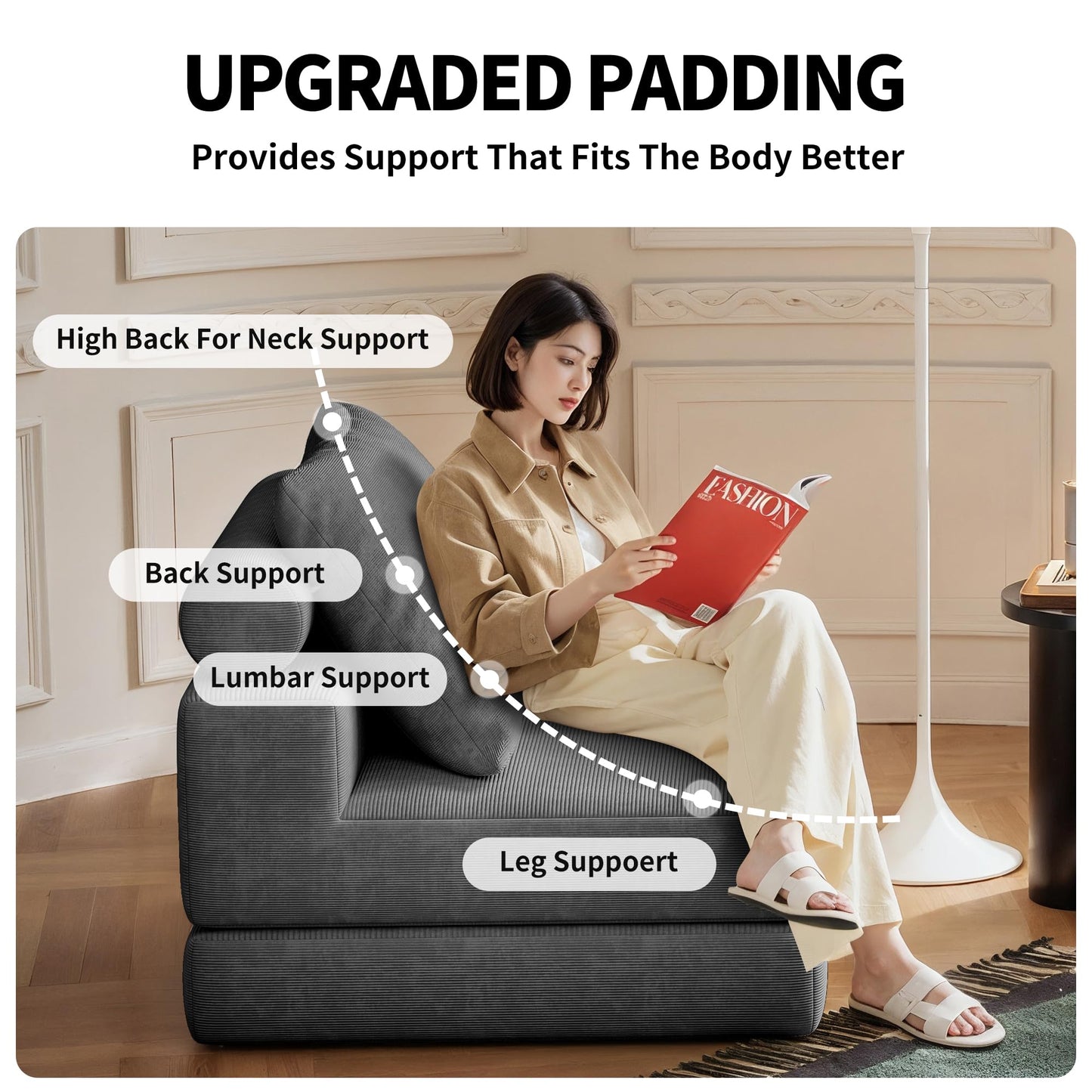 Lumbershed Folding Sofa Bed, 3-in-1 Convertible Sleeper Chair Bed with Pillows, Foldable Floor Couch with High-Density Foam, Futon Small Boneless Couch for Living Room Bedroom Lounge, Single, Gray