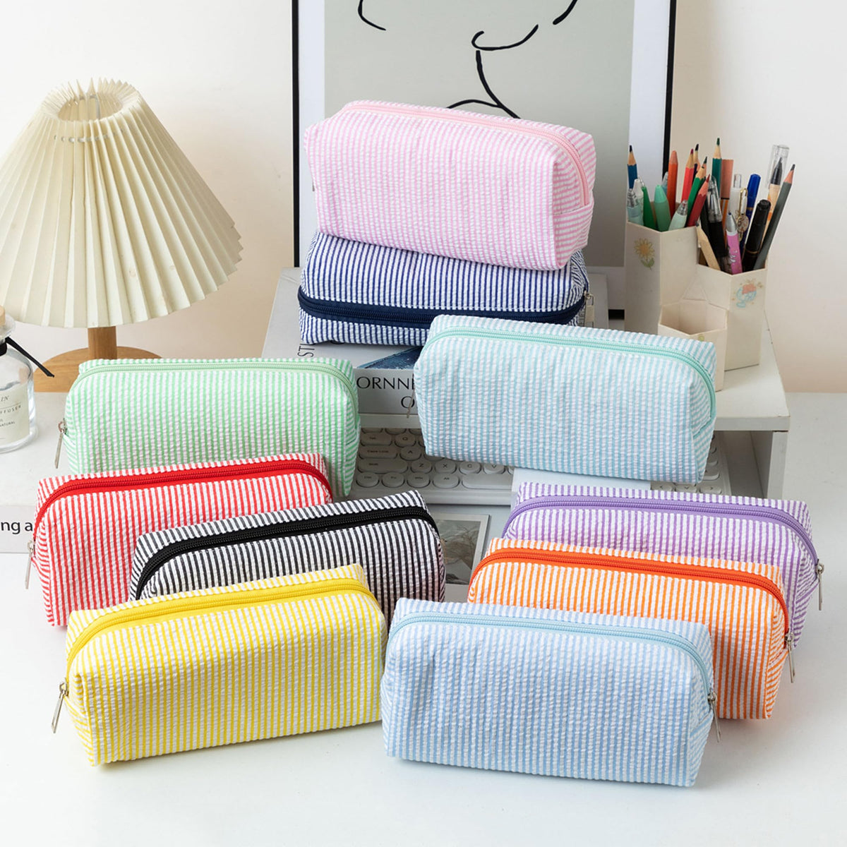 OZAOZ Cute Pencil Case Capacity Pencil Pouch Aesthetic Pen Bag Office Stationery Organizer Simple Sturdy Multifunctional Cosmetic Pouch (Light blue)