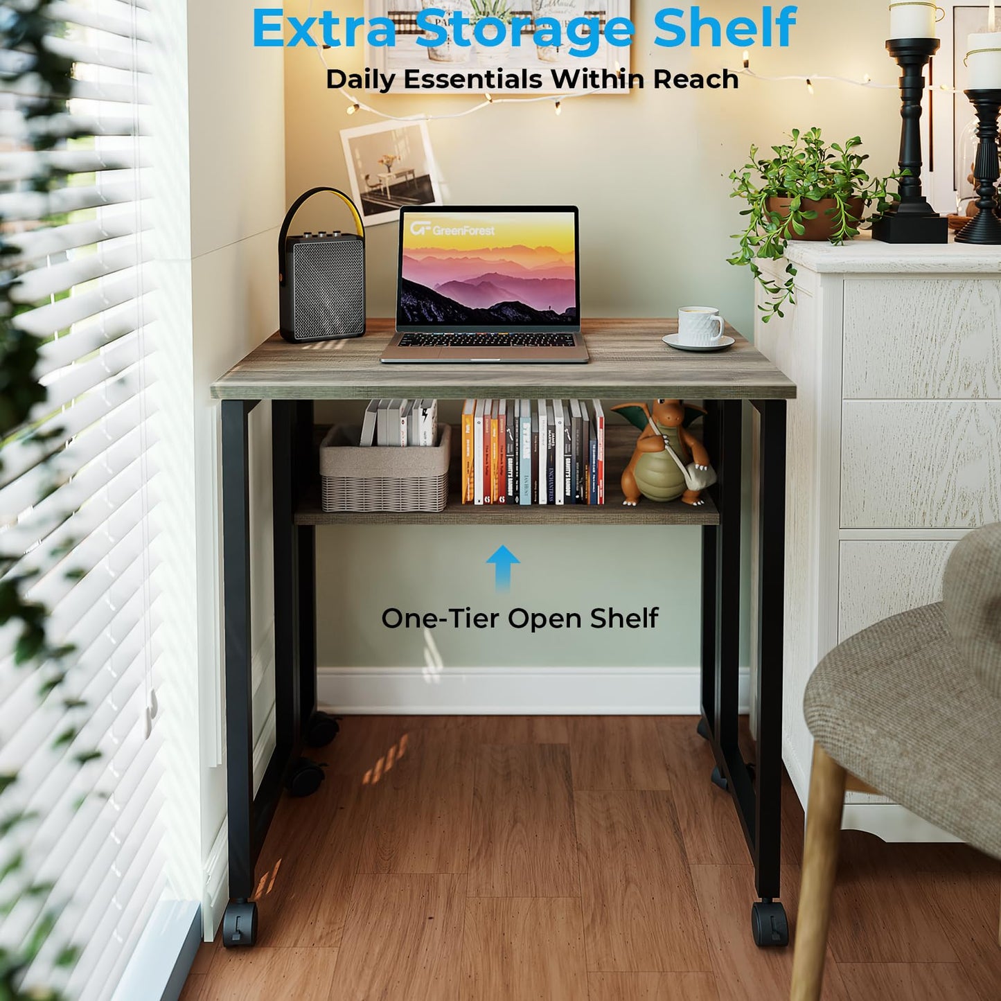 GreenForest Folding Desk with Wheels, 24.8 Inch Compact Rolling Computer Table with Storage Shelf, Portable Mobile Workstation for Small Spaces, Easy Assembly,Grey Wash