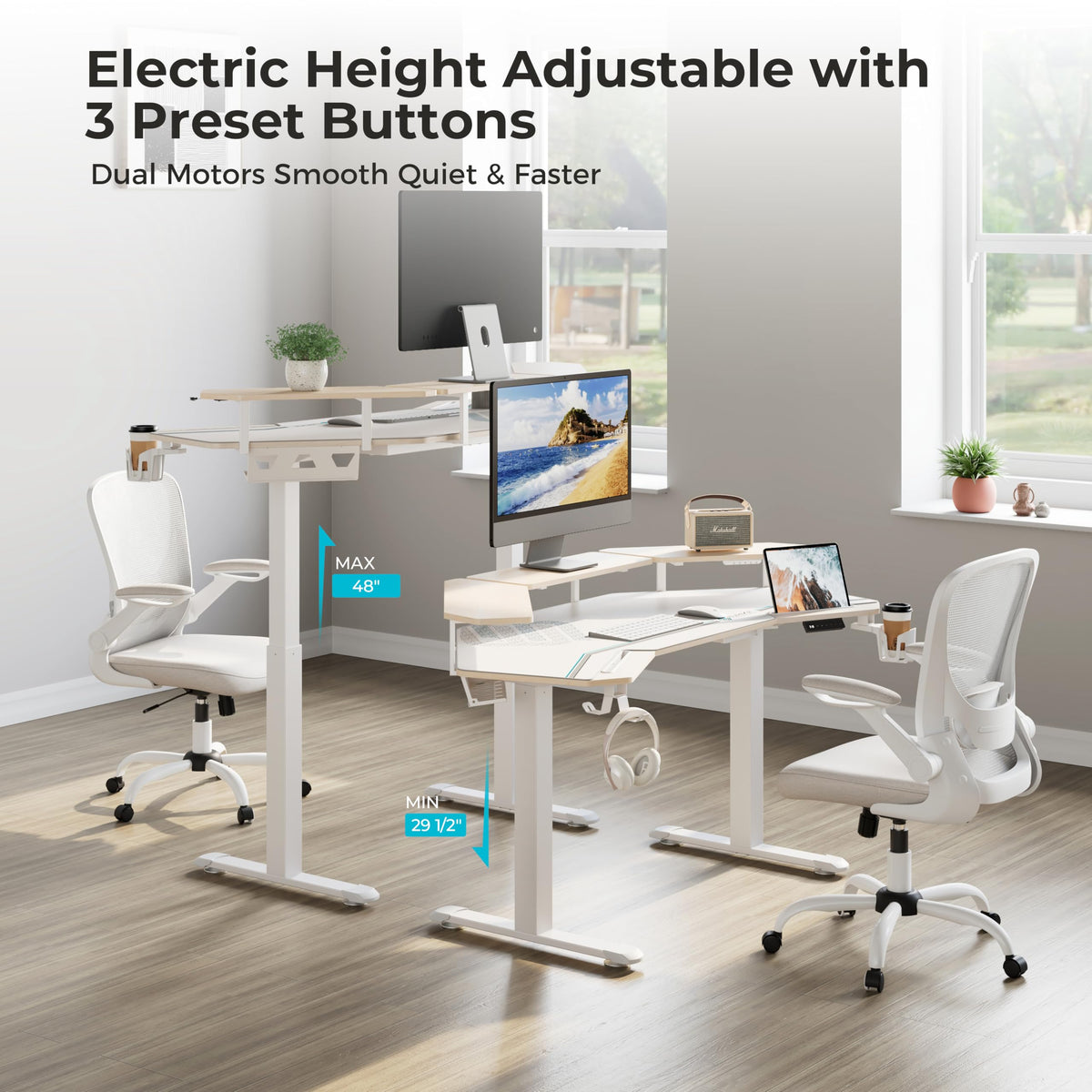 EUREKA ERGONOMIC Standing Desk,63" Electric Adjustable Height Computer Desk,Wing Shaped Music Studio Desk, LED Monitor Stands, Dual Motor&Slot, Maple