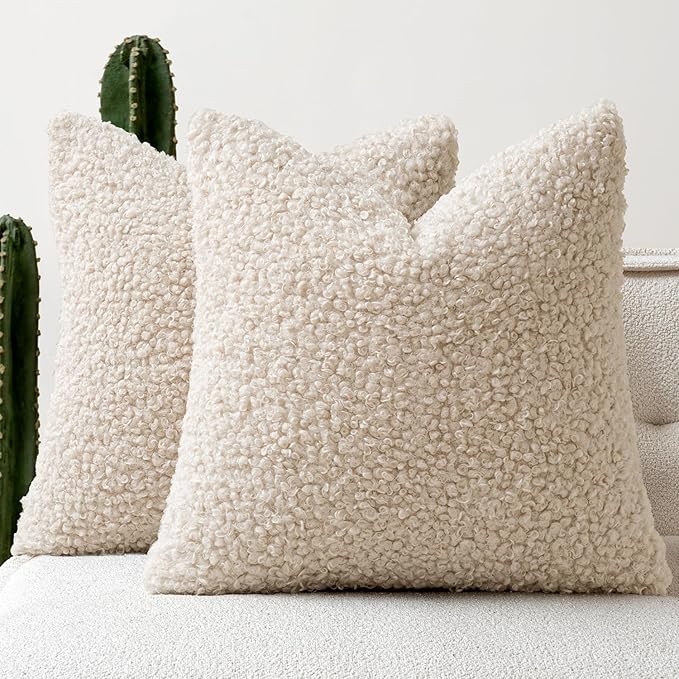 Faux Fur Throw Pillow Covers 20x20 Inch Set of 2 Boucle Neutral Decorative