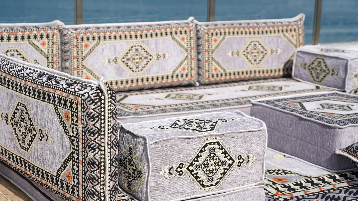 L Shaped Arabic Floor Cushions, Sectional Sofas, Arabic Majlis Set, Custom Made Sofa, Arabic Sofa Set, Seating Cushions (4'' Thickness Sofa, L Sofa Full Set, Gray)