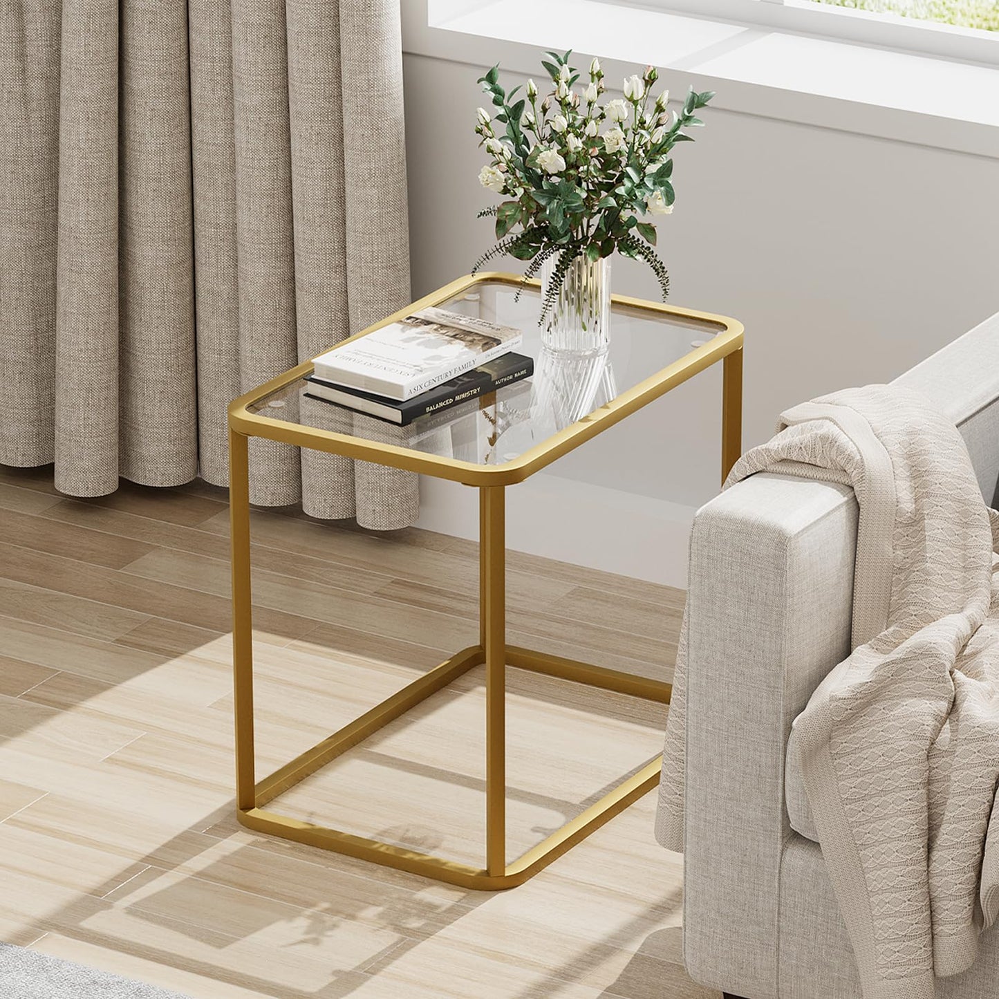 Garden 4 you Glass Side Table, Rectangle End Table with Metal Frame, Modern Bedside Table for Office, Bedroom, Living Room, Study,Small Spaces,Easy Assembly,23.6x15.7x20.8 Inches,Gold