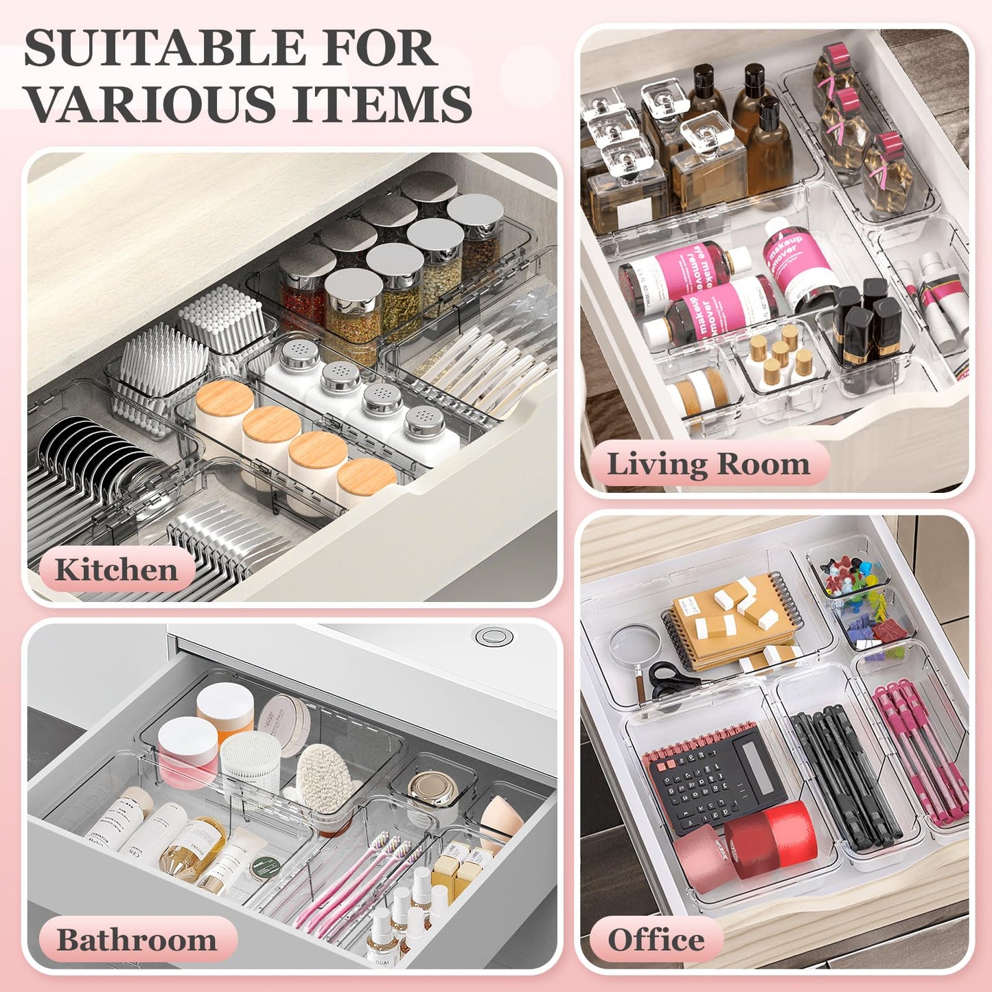 DILIBRA 16 Pcs Clear Extendable Drawer Organizer, Adjustable Drawer Storage 3-Size Desk Drawer Organizer, Plastic Non-Slip Storage Bins for Makeup, Cosmetic, Jewelries, Utensils, Stationery, Dressers