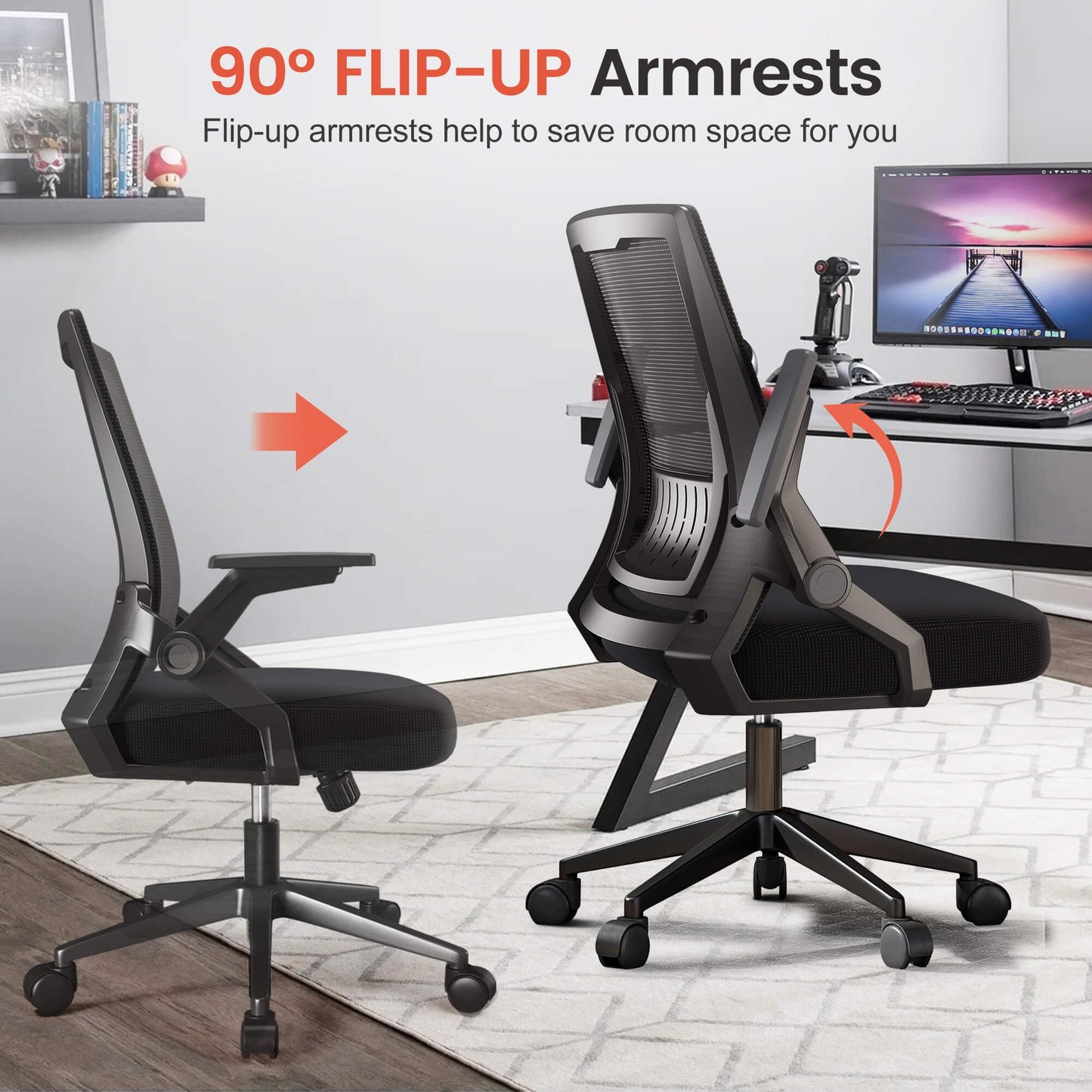 GTPLAYER Ergonomic Office Chair with Flip-up Armrests Executive Computer Chair for Home Office, Breathable Mesh & Comfy Lumbar Support, Black