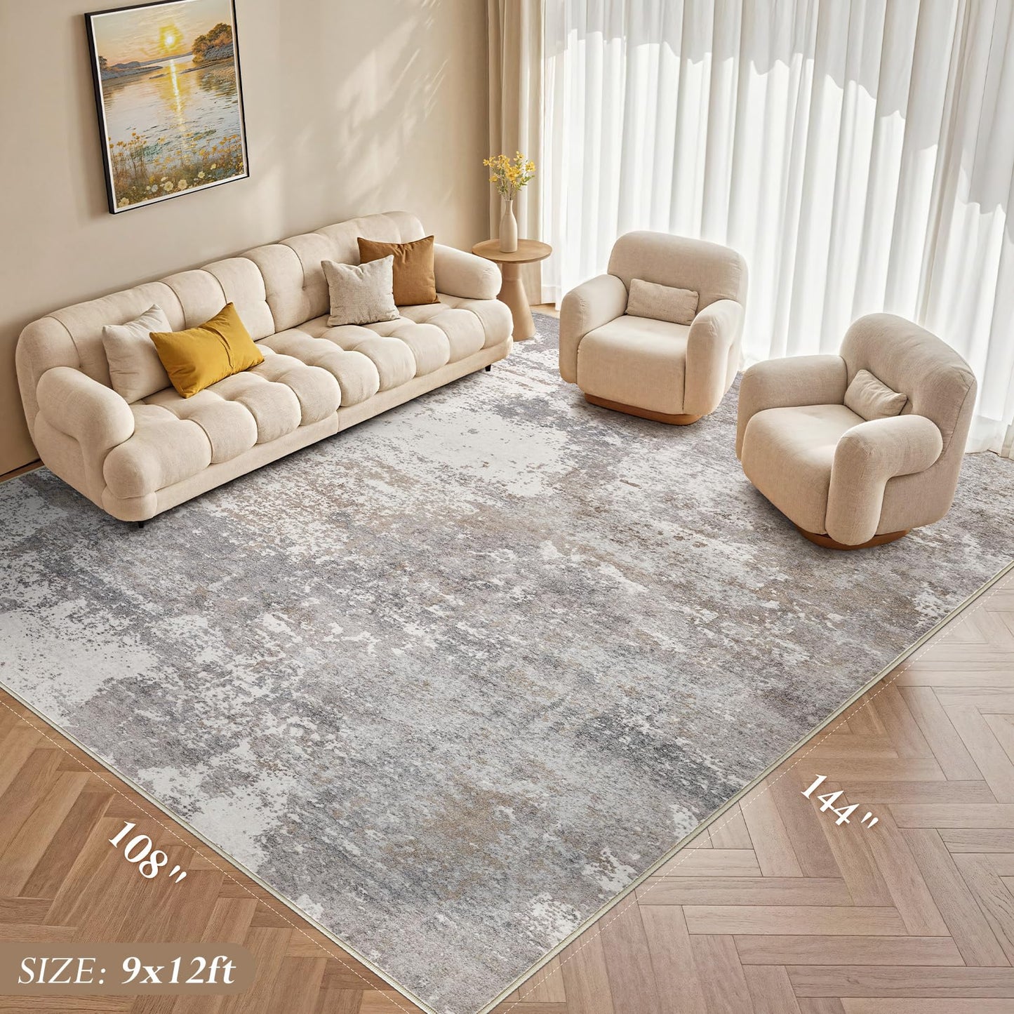 Micgeek Area Rug Living Room - 9X12 Abstract Washable Large Soft Foldable Non Slip Rug Neutral Modern Low Pile Carpet for Bedroom Nursery Dining Room Farmhouse Home Office Indoor - Grey Brown