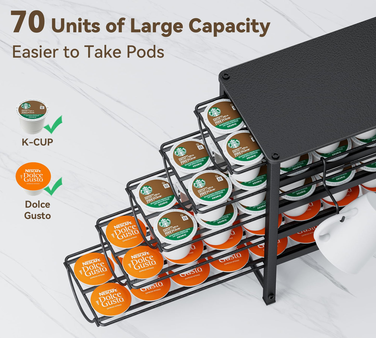 HFHOME Coffee Pod Holder For Counter, Pod Holder for K-cups, 5-tier Metal Coffee Capsule Storage Drawer, 70 Capacity Pods Organizer for Cafe Counter, Home, Office or Kitchen,3 cup rack, Black