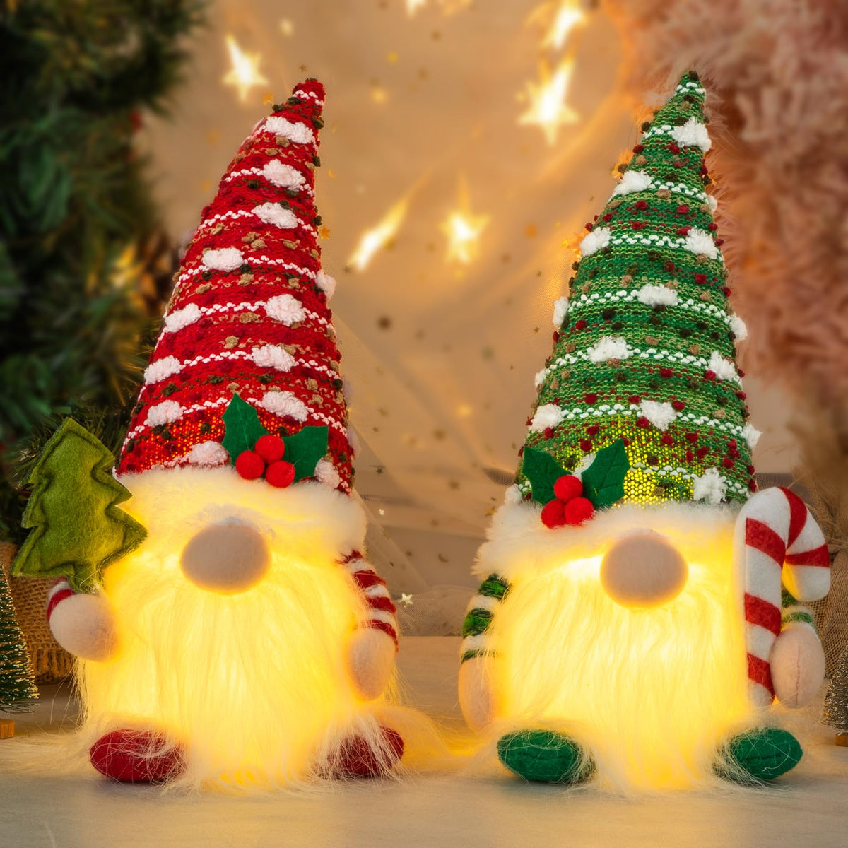 Christmas Gnome Decorations Indoor 11.4inch Light Up Christmas Gnomes Plush Home Decor Leprechaun Hold Candy Cane Ornaments with LED Lights Elf Tiered Tray Xmas Gifts Decor (Set of 2)