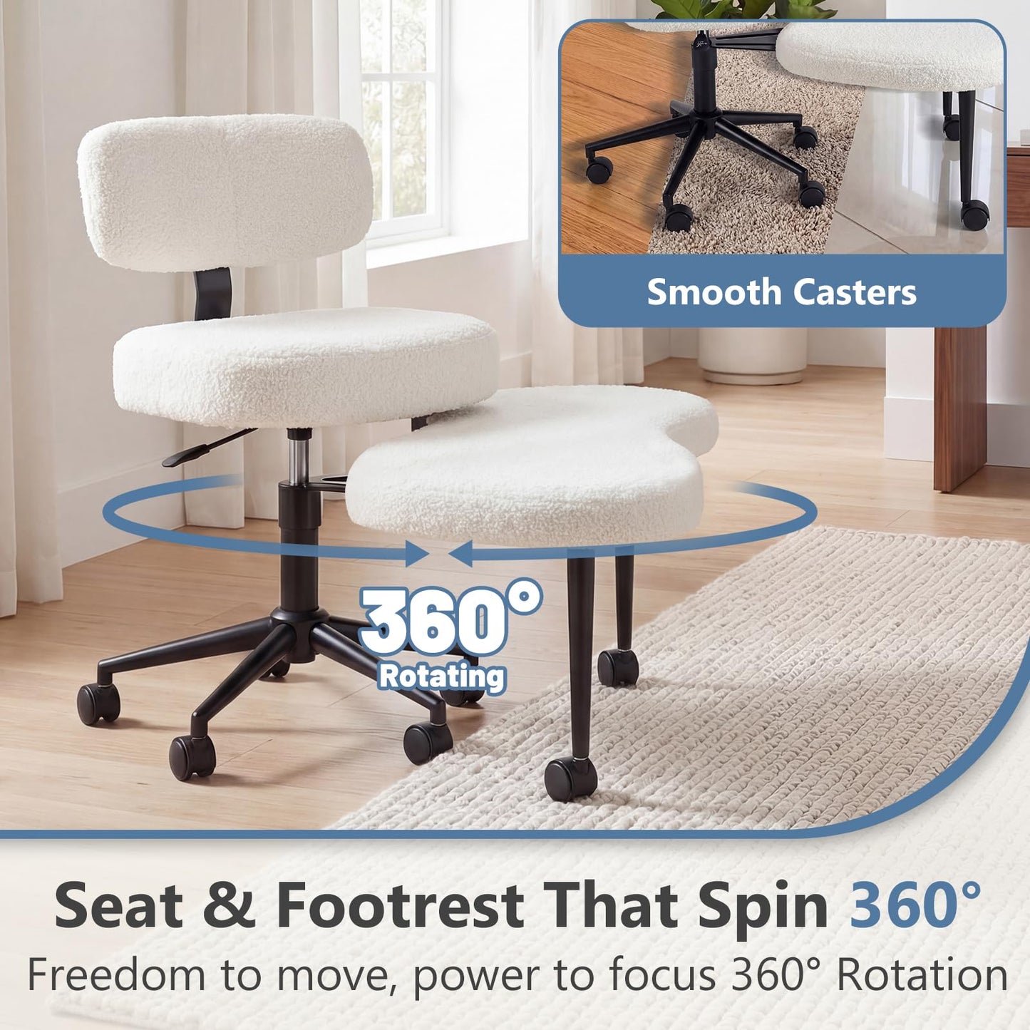 DUMOS Ergonomic ADHD Cross Legged Office Desk Chair with Adjustable Backrest, Height Adjustable Meditation Chair with 360° Swivel Footstool, Teddy Fabric Yoga Stool for Home Office, White