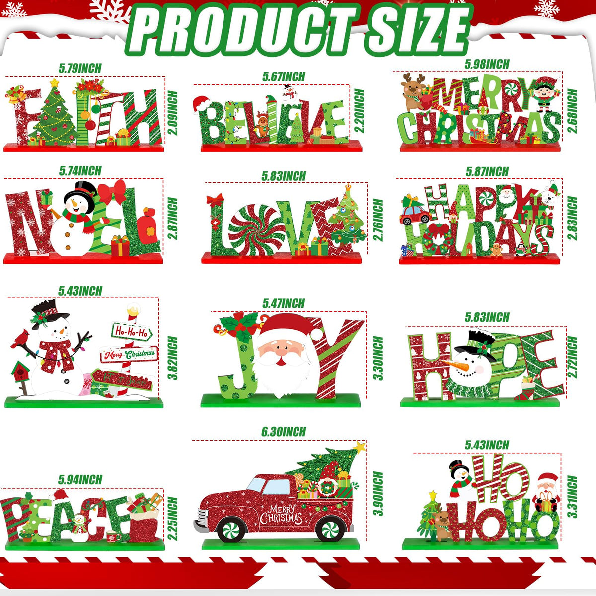 Marsui 12 Pcs Christmas Wooden Table Decor Xmas Decorative Home Table Centerpiece Merry Christmas Wood Signs Lime Green and Red Hope Believe Joy Noel Peace Love Wooden Signs for Party Decoration