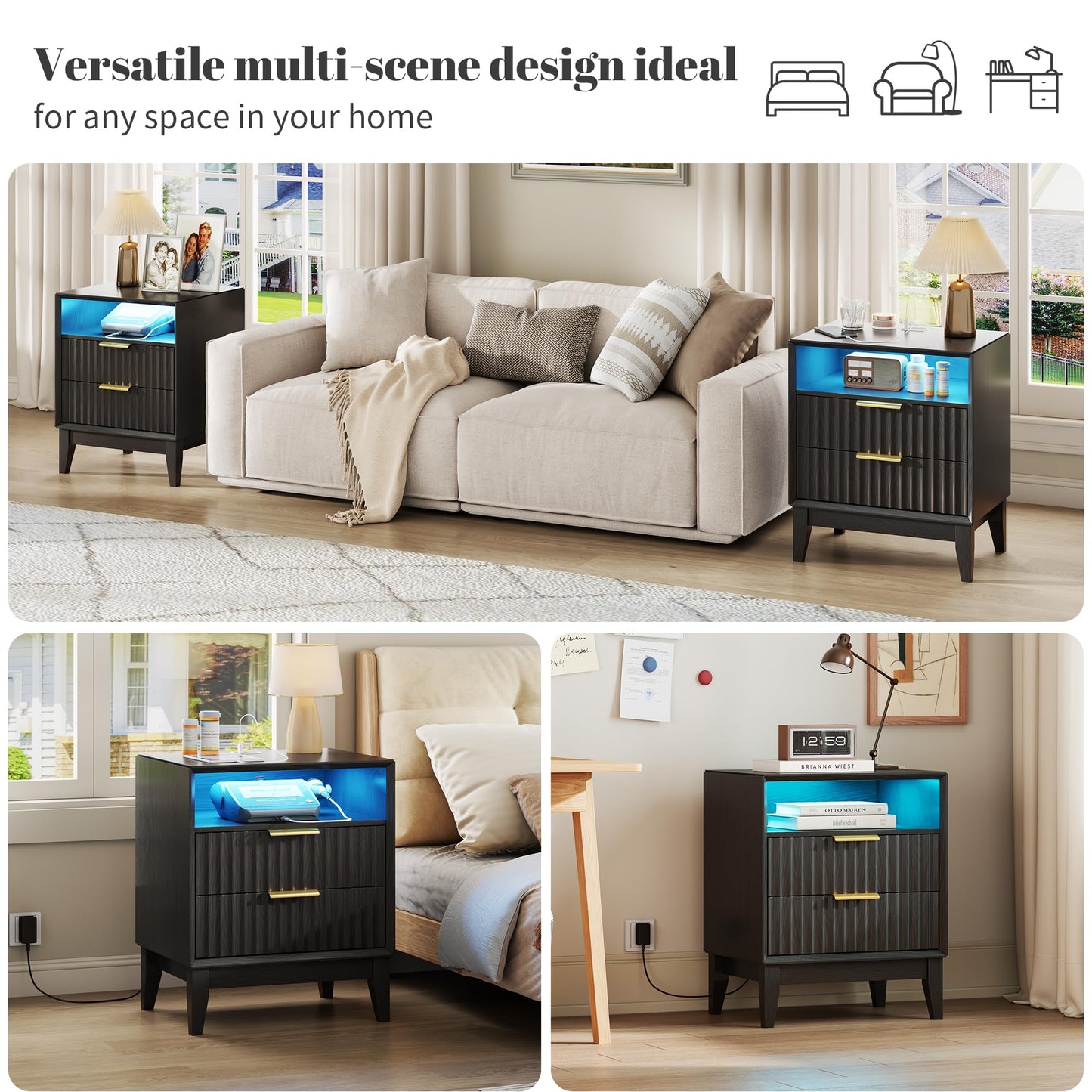 LVSOMT 20'W Fluted Nightstand Set of 2, Night Stand with Charging Station and LED Lights, RFID Lock Hidden Drawer, Mid Century Modern Bedside Table for Bedroom, 2 Drawers and Open Storage Cubby, Black