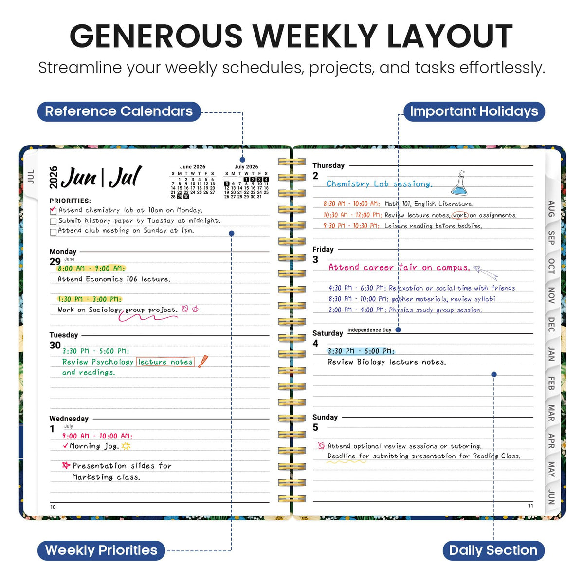 Planner 2026–2027, Weekly & Monthly Academic Organizer for School Year, Jul 2026–Jun 2027, Hardcover Planner with Tabs, Back to School Essential, 6.3" x 8.5", Wildflower Meadow