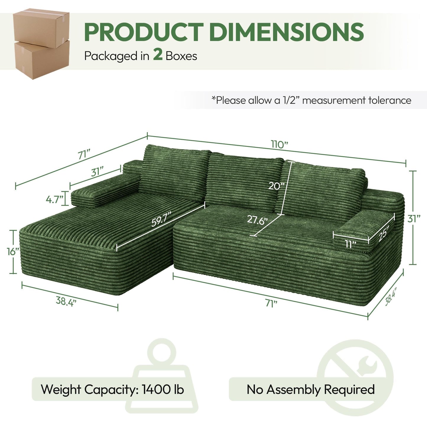 Yaheetech 110" Modular Sectional Sofa Corduroy Boneless Couch with Chaise L-Shape Cloud Couch with Detachable Pillows No Assembly Sofa for Living Room, Green
