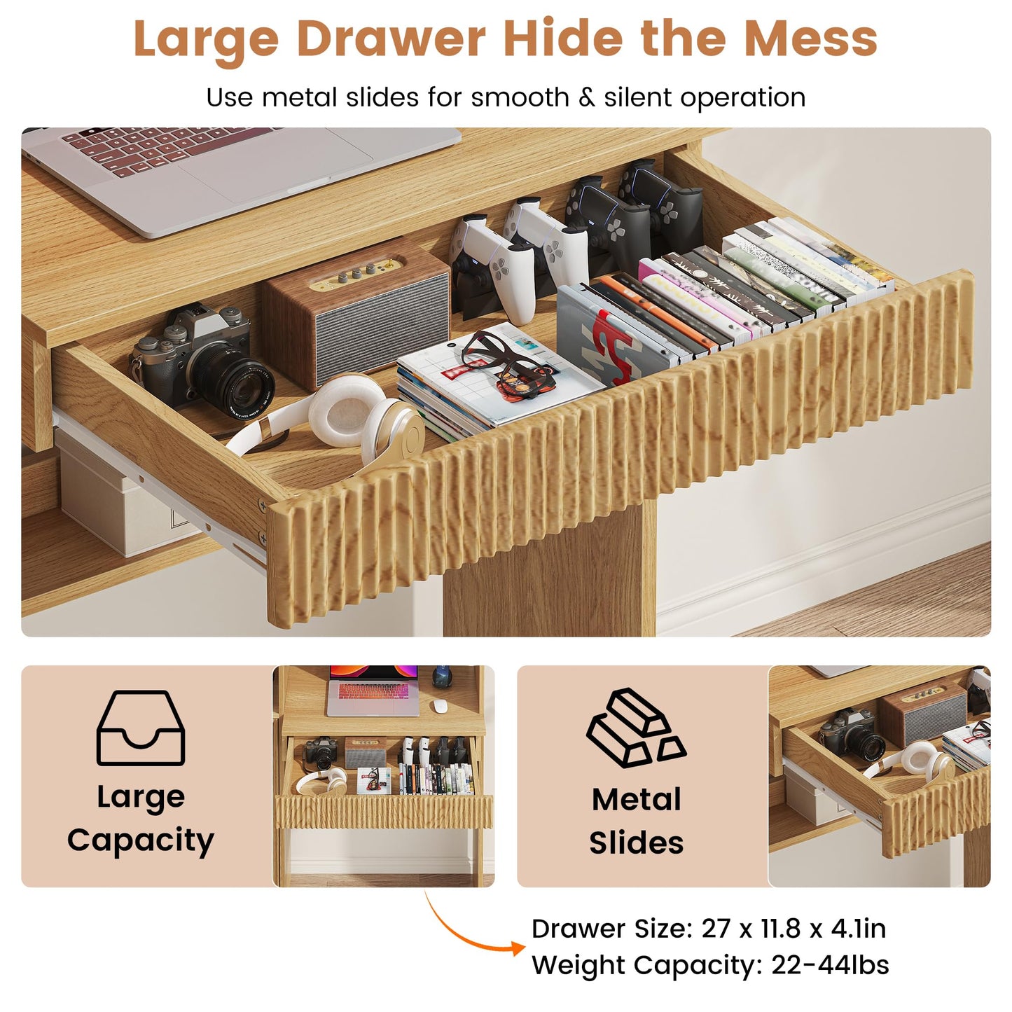 kepptory 63" Tall Computer Desk with Hutch, Fluted Wood Home Office Desk with Charging Station, Drawer & Storage Cabinet, Oak Workstation for Work & Study
