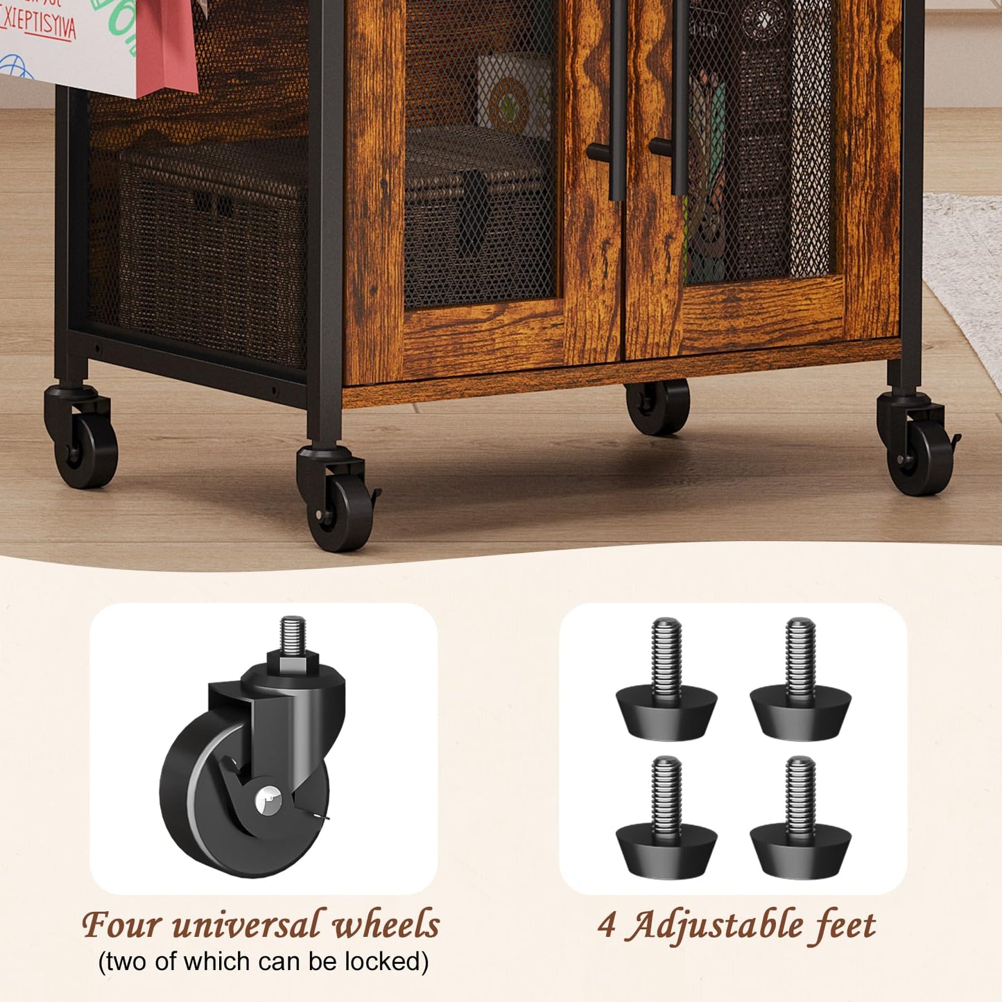 Hencawima Small Coffee Bar Cabinet with Storage, 3-Tier Rolling Coffee Bar Table, Farmhouse Coffee Cart Station with 2 Doors for Living Room, Dining Room, Rustic Brown